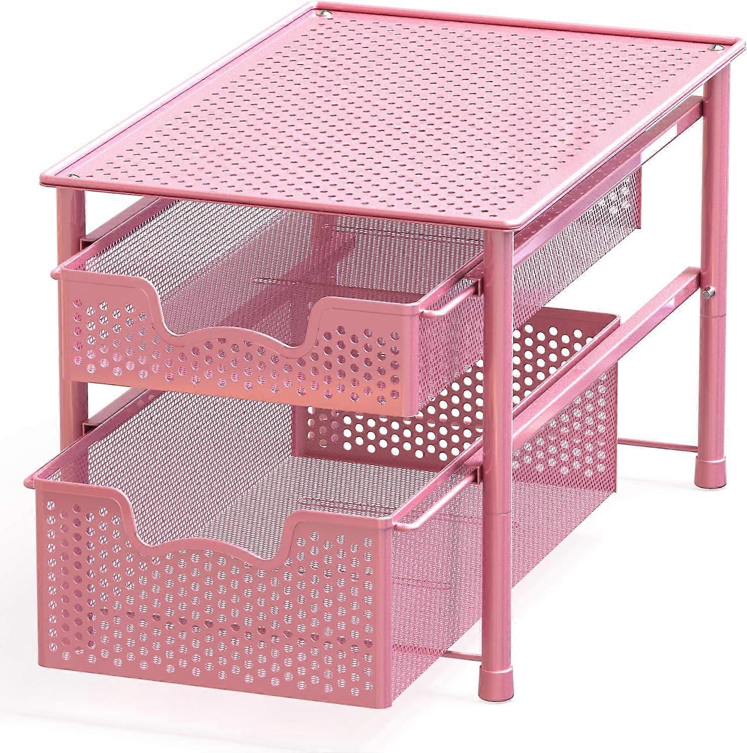 pleHouseware Stackable 3 Tier Sliding Basket Organizer Drawer, White Pink 2-Tier
