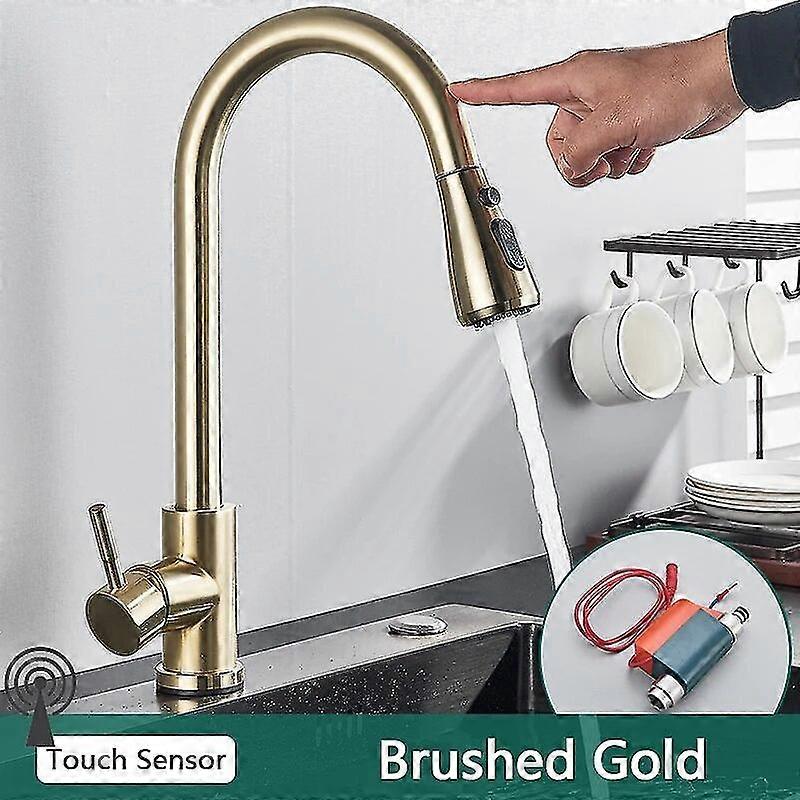 High qualityRozin Smart Touch Kitchen Faucet Black Poll Out Sensor Faucets Brushed Gold 360 Rotated Crane Hot And Cold Water Mixer Taps