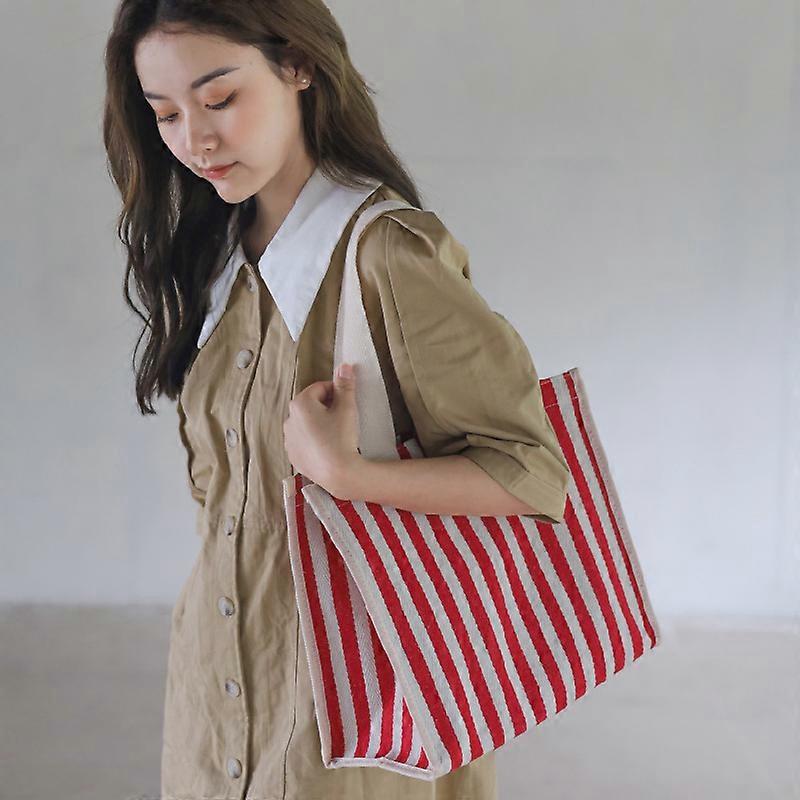 Women Canvas Tote Button Closure Simple Striped Shoulder Bag Casual Large Capacity Printed Shopping
