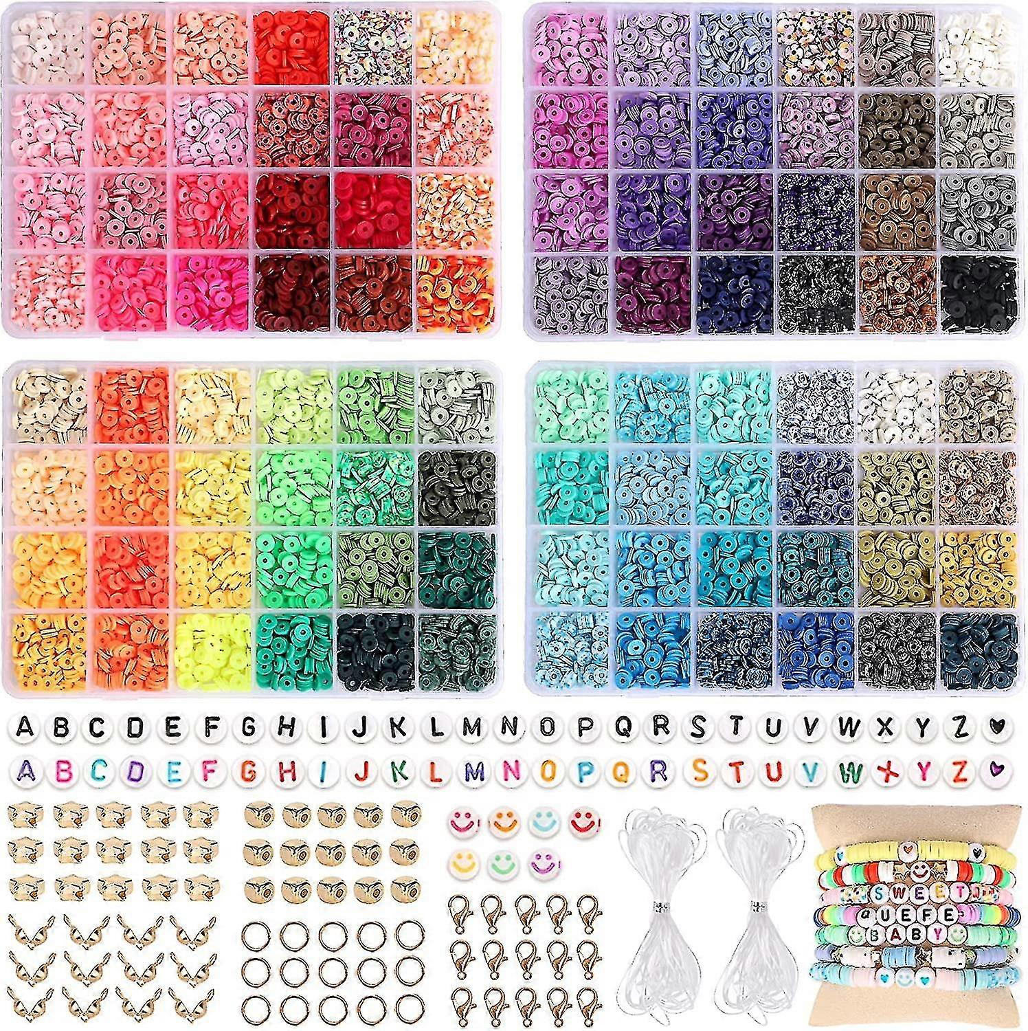 9600 Tonperlen für Schmuck Making Kit, 96 Farben Spaced Black Stone Perlen Flat Round Polymer Clay Perlen Mit Buchstabenperlen Smiley Perlen und Elastic St