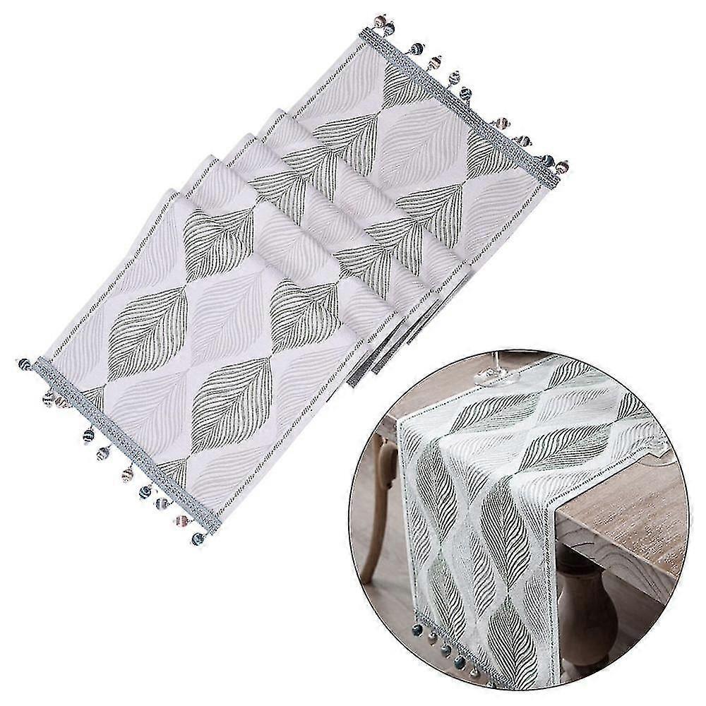 Cotton Linen Table Runner 72 Inches Long, Spring Table Runners Farmhouse Green Leaves-with Tassels