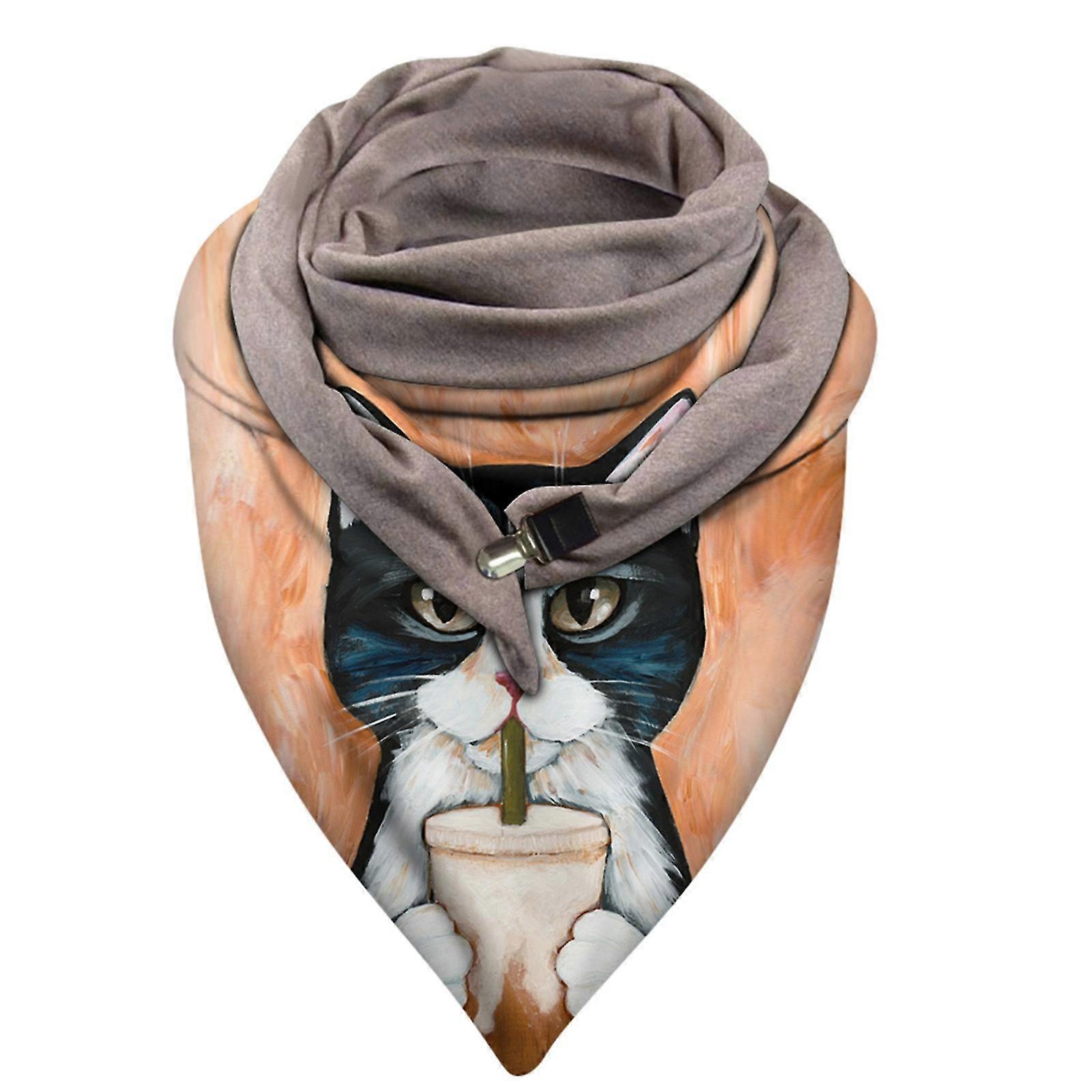 Universal Autumn Winter Warm Windproof Cat Prints Double-layer Buckle Scarf