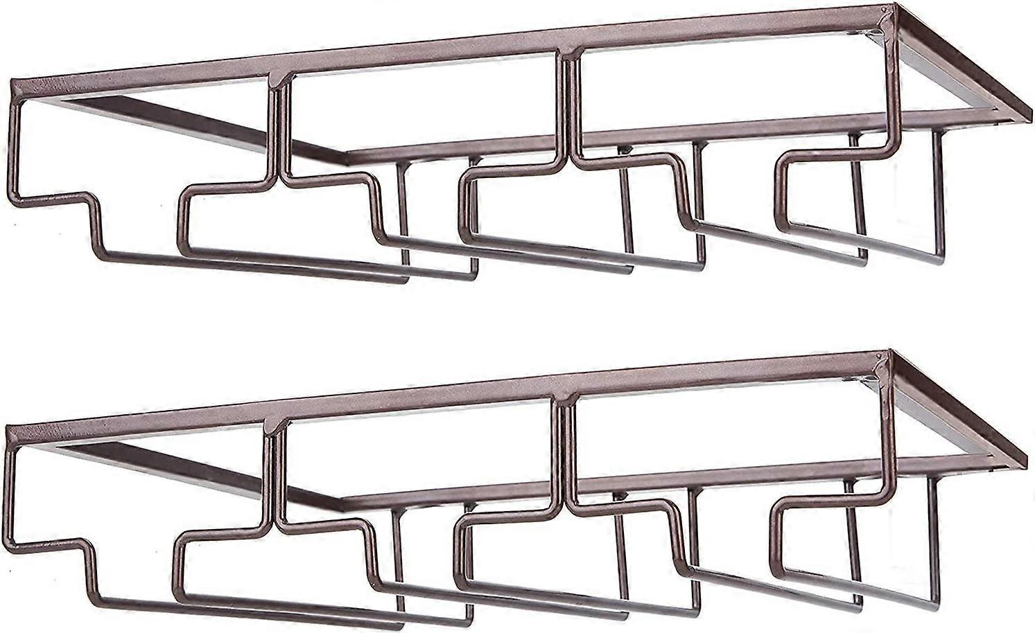 رف زجاج النبيذ - تحت خزانة Stemware حامل زجاج النبيذ نظارات شماعات تخزين 2 حزمة منظم معدني لشريط المطبخ البني