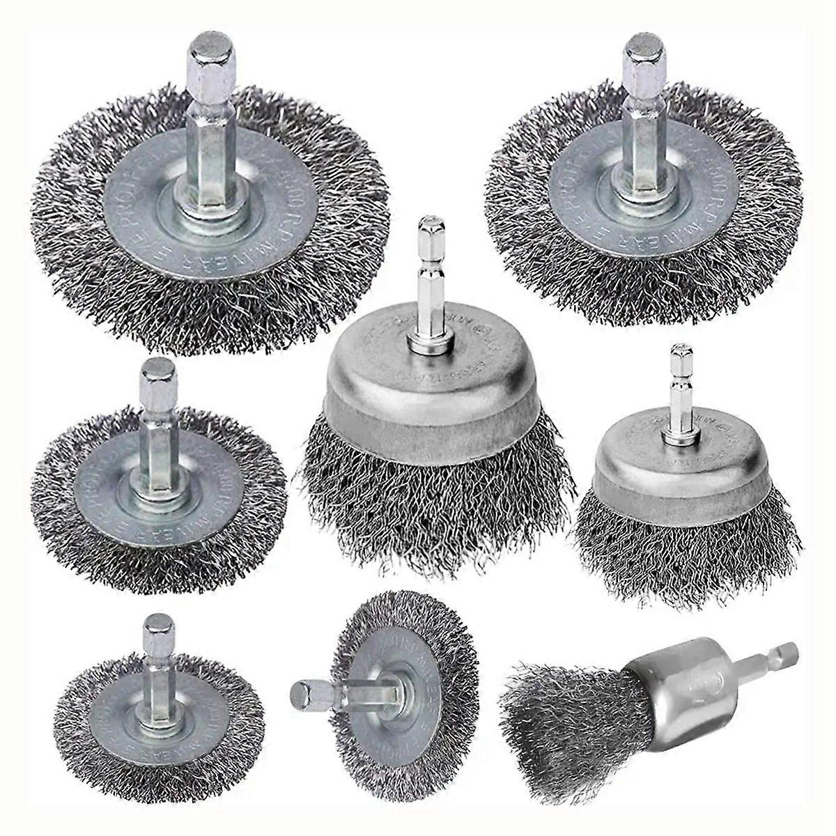 8 Piece Wire Brush Wheel Cup Brush Set 1/4Inch Hex Coarse Crimped Carbon Steel Wire Wheel for Rust