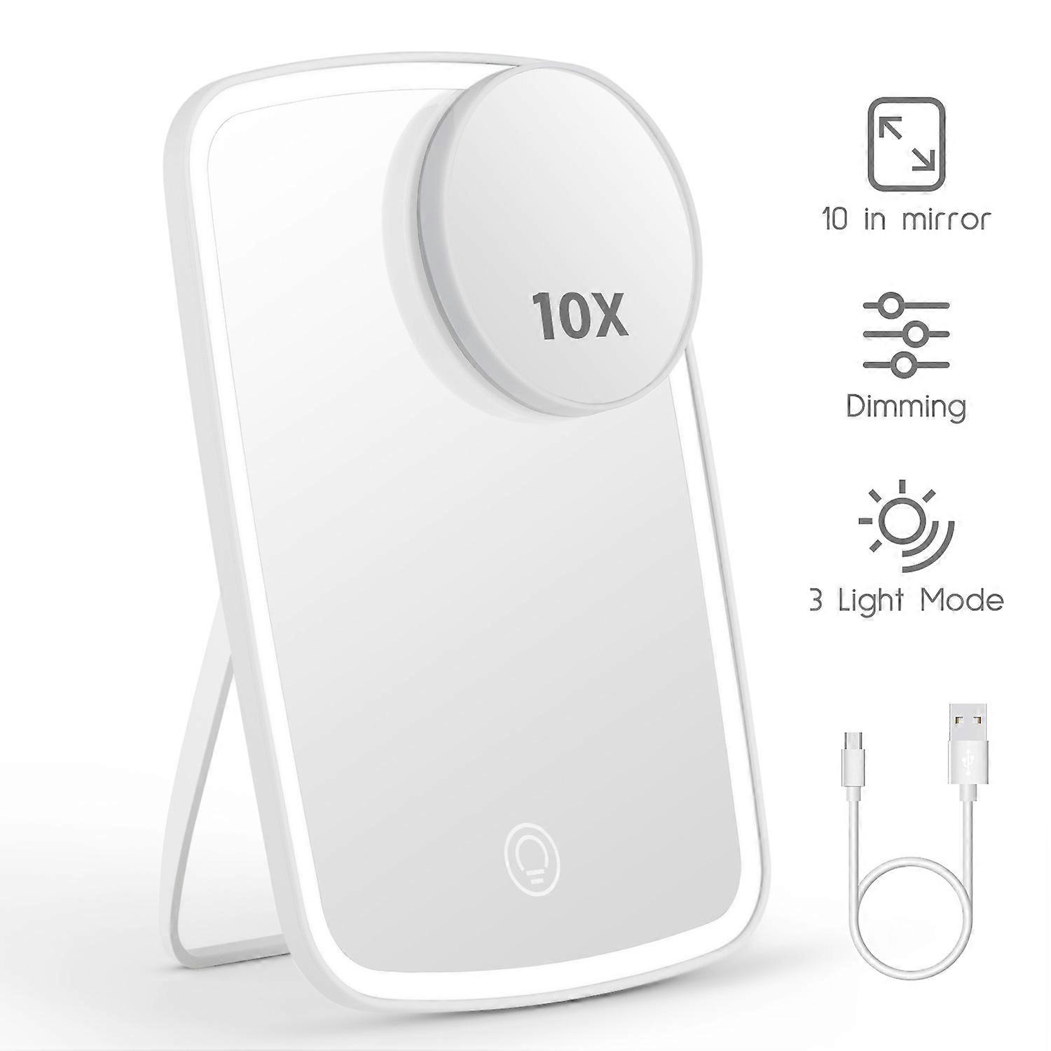 10x Lighted Magnifying Mirror, Rechargeable with 3 LED Light Settings - Strong Suction Cup, Dimmable Touch Light, Cordless
