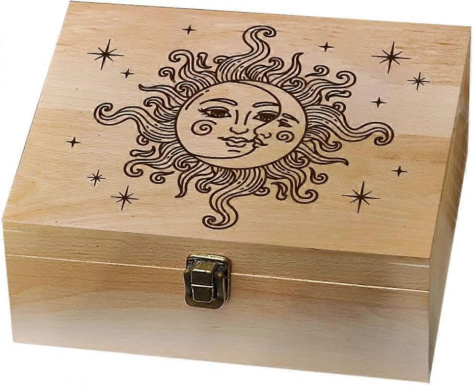 1 Pc Wood Memory Keepsake Box Mysterious Sun Moons Stars Memory Box with Hinged Lids Keepsake Chest for Celestial Picture Photos Letter Storage 9.6x3.