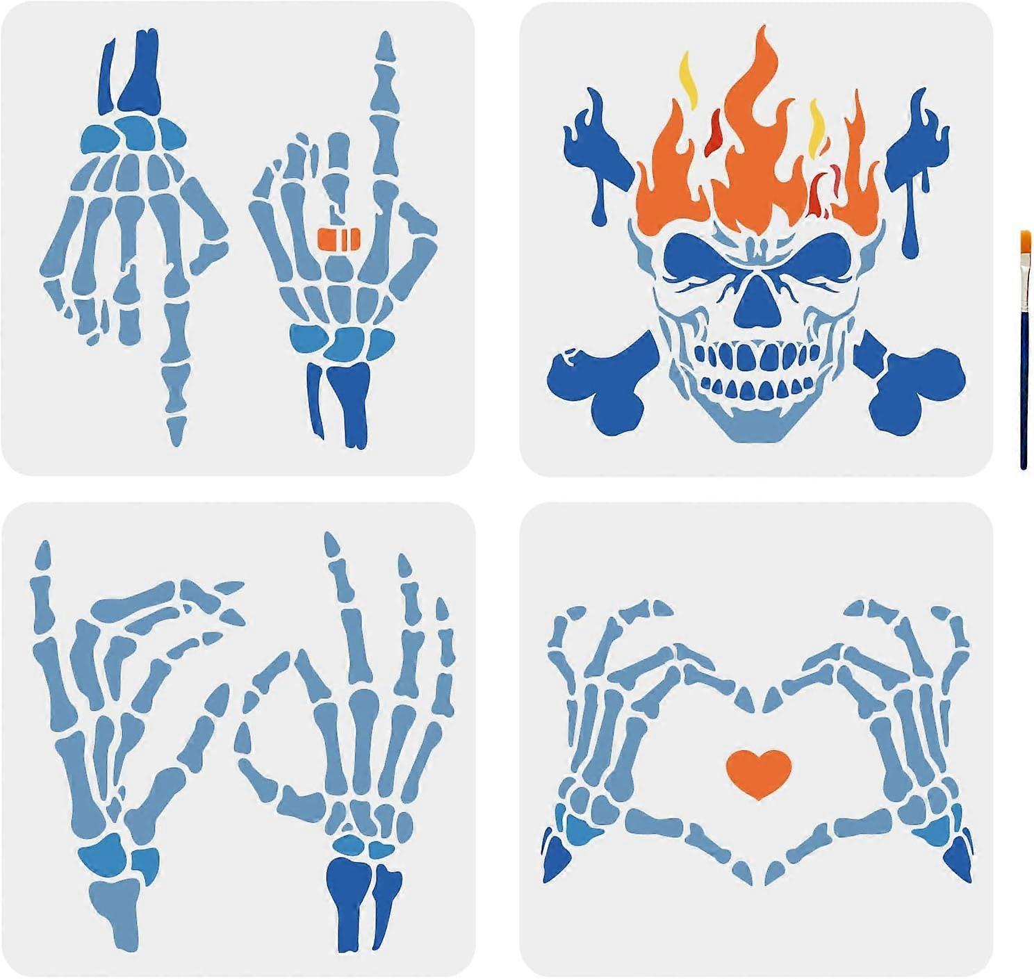 4pcs Skeleton Hand Stencil 11.811.8inch Skeleton Finger Stencil Heart Skeleton Rock Hand with Ring Pattern Reusable Halloween Template with Paint Brus