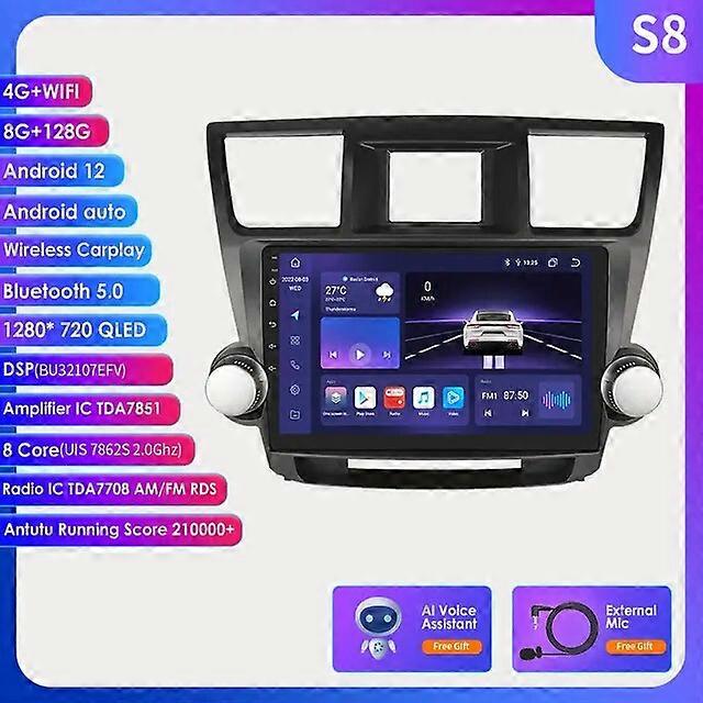 Carplay Smart Car Systems for Toyota Highlander 2007- 2013 Android 12 Radio Multimedia Player Navigation GPS Stereo Bluetooth 4G
