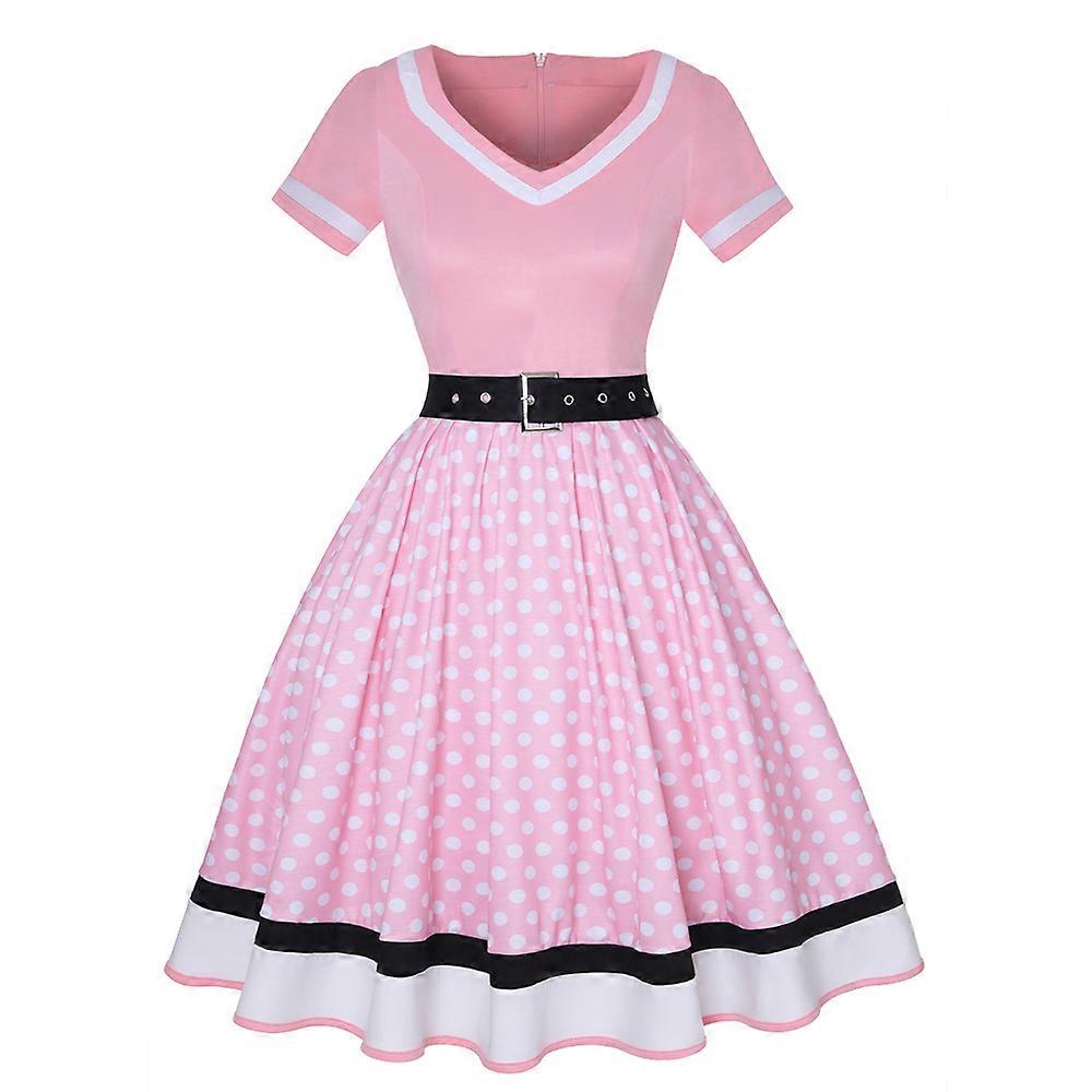 فساتين نسائية Rockabilly ، 50s خمر كم قصير رقبة منقطة أرجوحة فستان كوكتيل