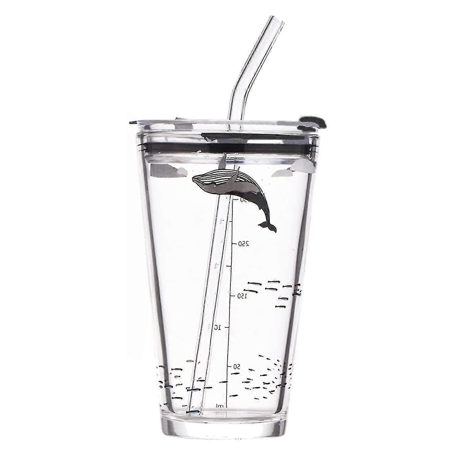 Glass Cup 450ml With Handle Tea Water Bottle With Lid & Straw(whale)