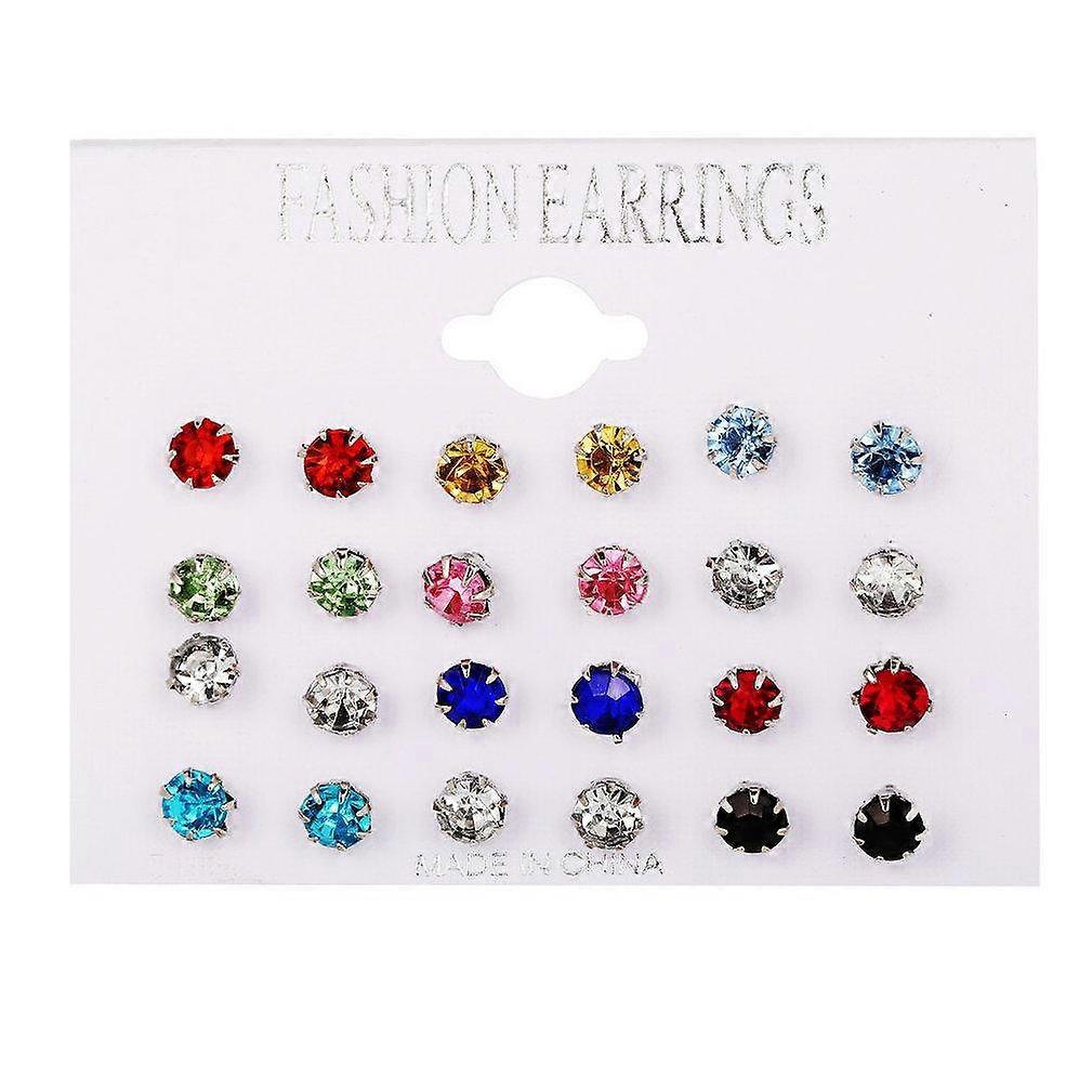 12 Pairs Earrings Set Colorful Crystals Round Zircon Card Packed Ear Studs for Ceremony