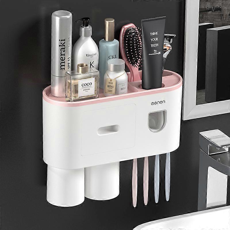 Bathroom Organizer Toothpaste Automatic Dispenser Toothbrush Holder Wall Mounted,Multifunctional Toothbrush Holder Storage Rack/pink