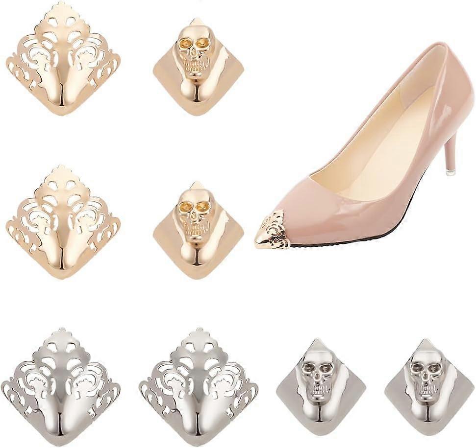 8Pcs 4 Styles Metal Shoes Pointed Protector Platinum & Light Gold Iron Metal Shoe Toe Protectors Skull & Hollow Floral Patterns Triangle High Heel Toe