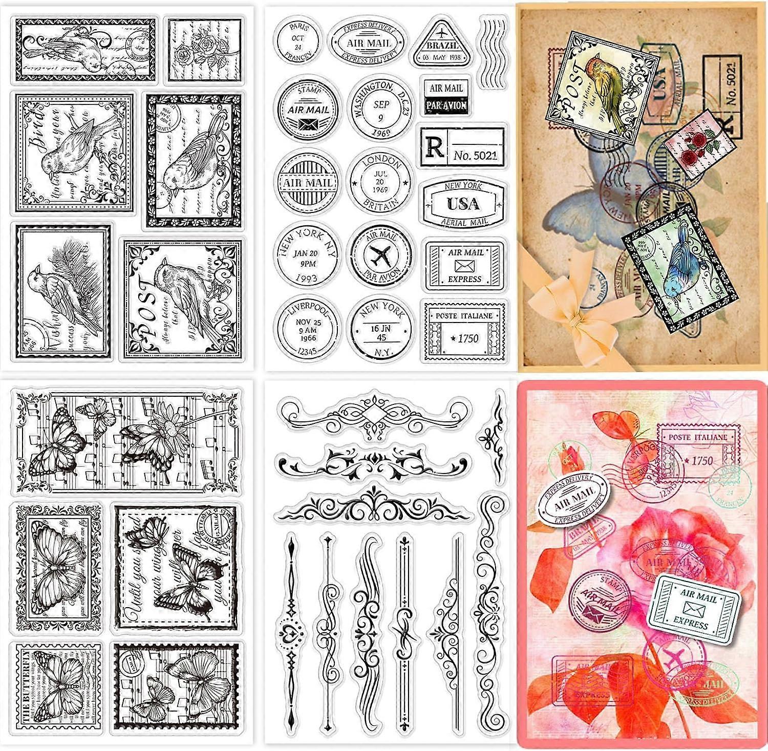 4 Sheets Postage Postcard Air Mail Clear Stamps for DIY Scrapbooking Butterfly Text Background Silicone Clear Stamp Seals Transparent Stamps for Cards