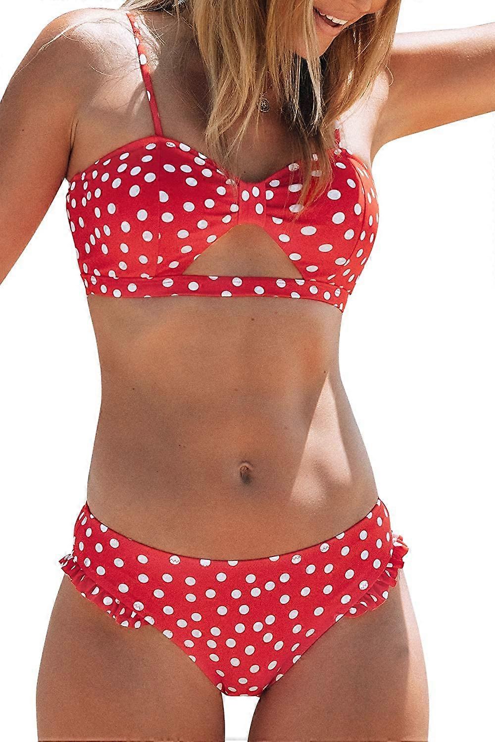 Women's Black Polka Dot Cutout Ruffles Back Hook Closure Bikini Sets