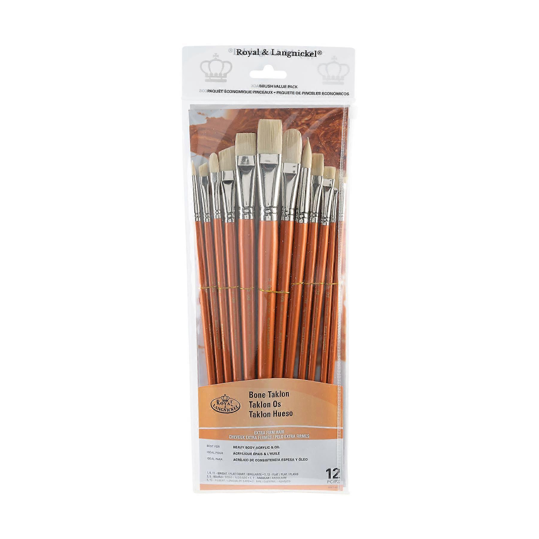 Royal & Langnickel Bone Taklon Long Handle Paint Brush Value Pack 12pc