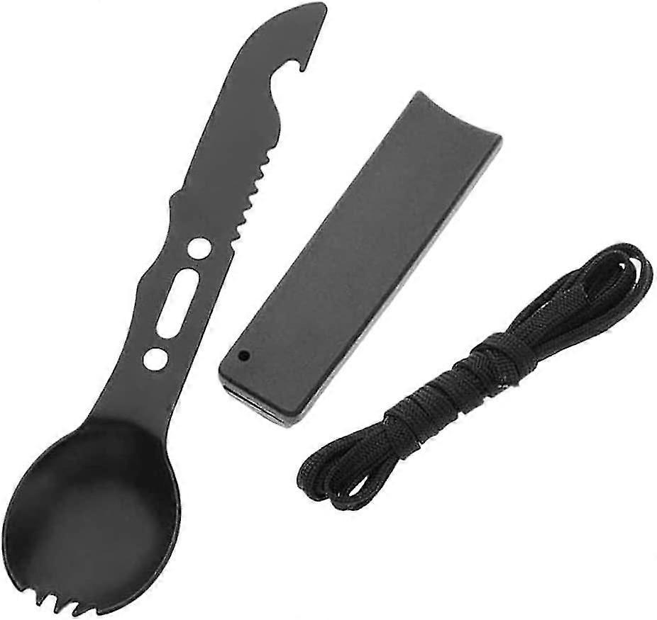 Survival Multifunctional Utensil Utility Hiking Tableware Explore Camping Tableware Stainless Steel Portable Flatware (black)1pcs
