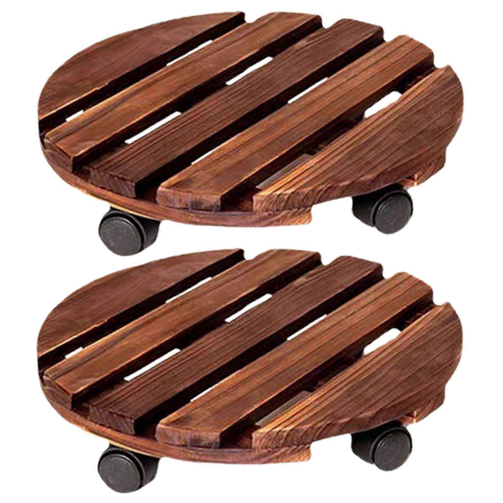 2Pcs Round Wooden Plant Stand with Wheels Strong Load-bearing No Assembly Required 360-Degree Rotatable Flowerpot Display Trays