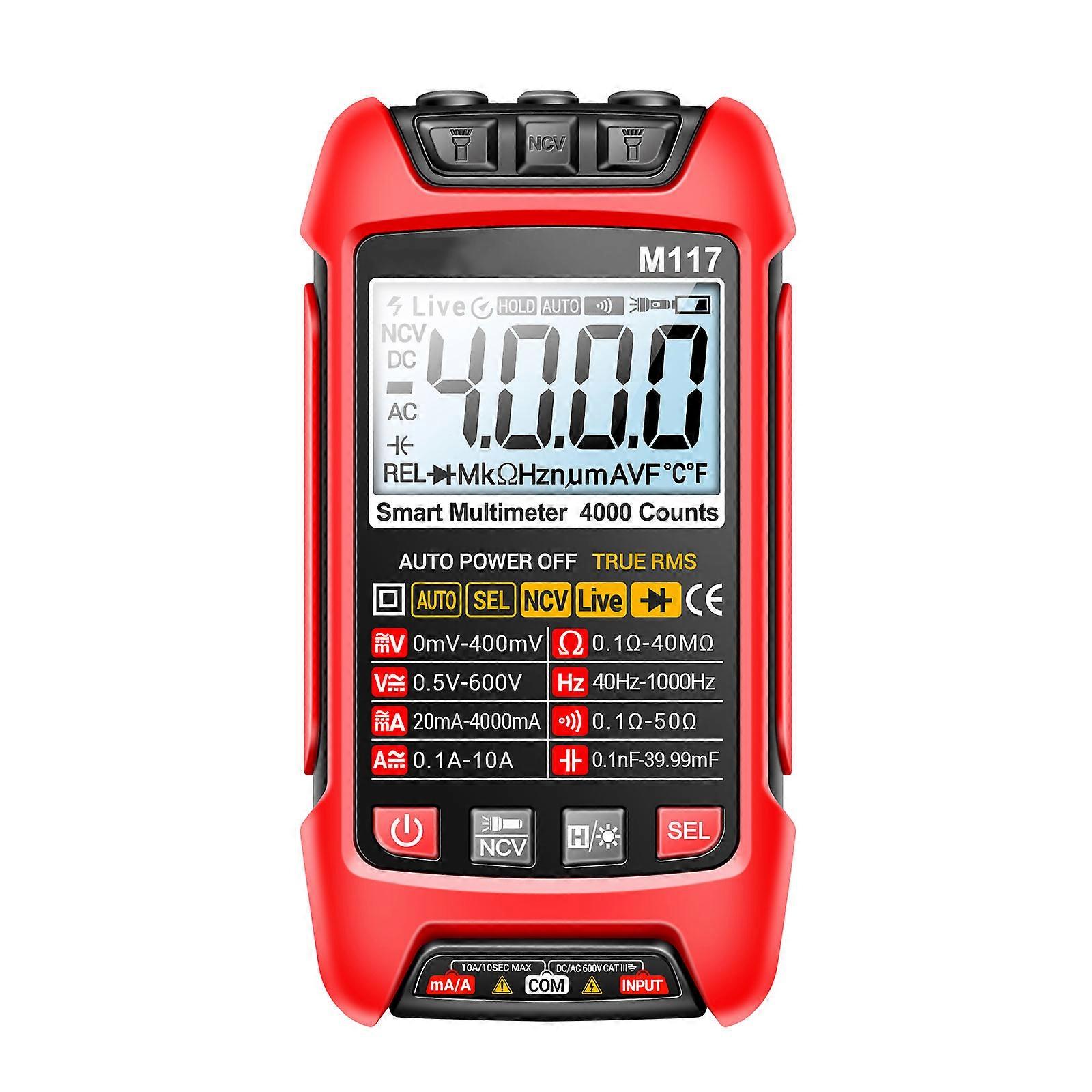 Multimeter Tester, 4000Counts Voltmeter Auto Ranging Ohmmeter Voltages Resistance Continuitys NCV Live Wire Test Red