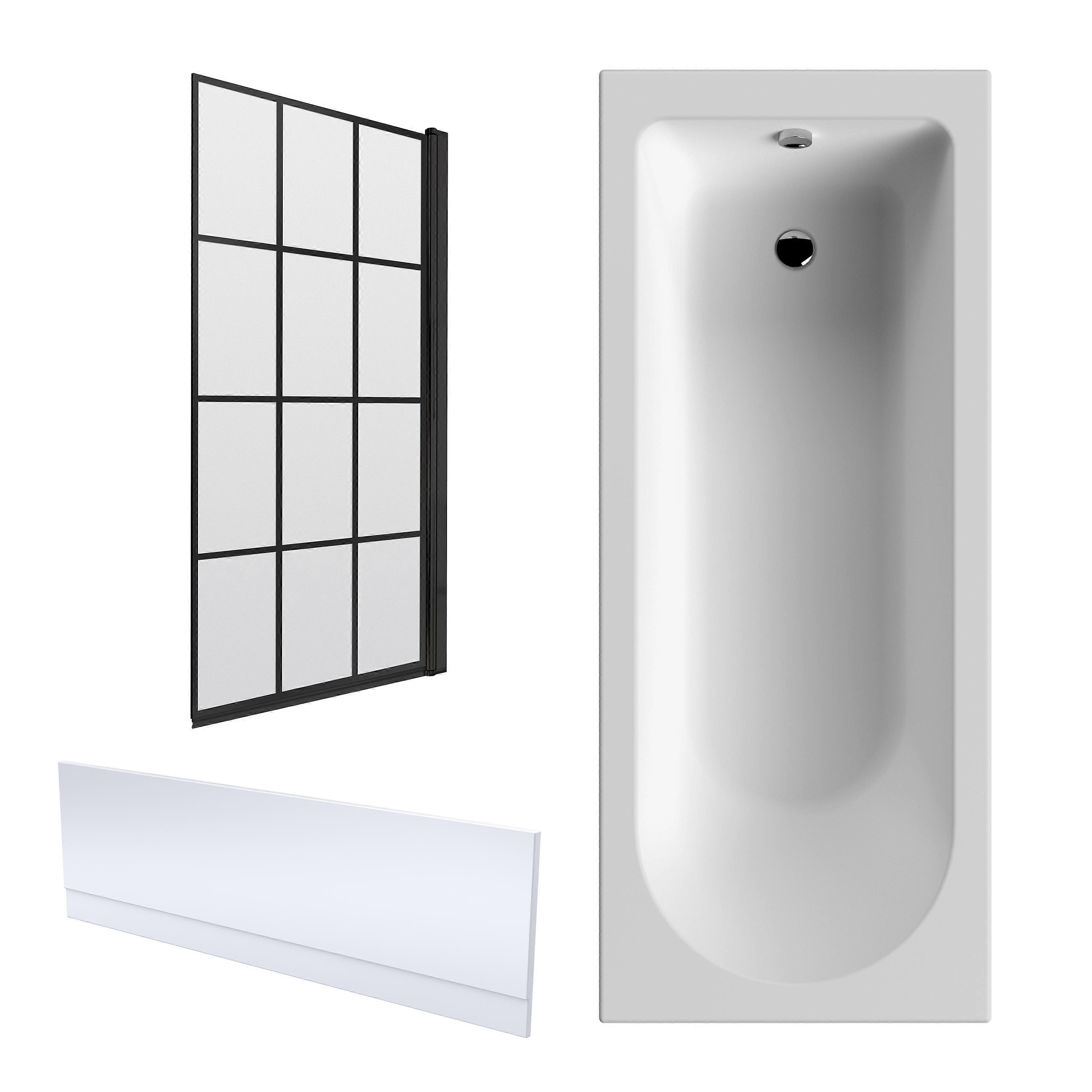 Round Single Ended 1700x700 Shower Bath Set – Front Panel & Black Hinged Screen