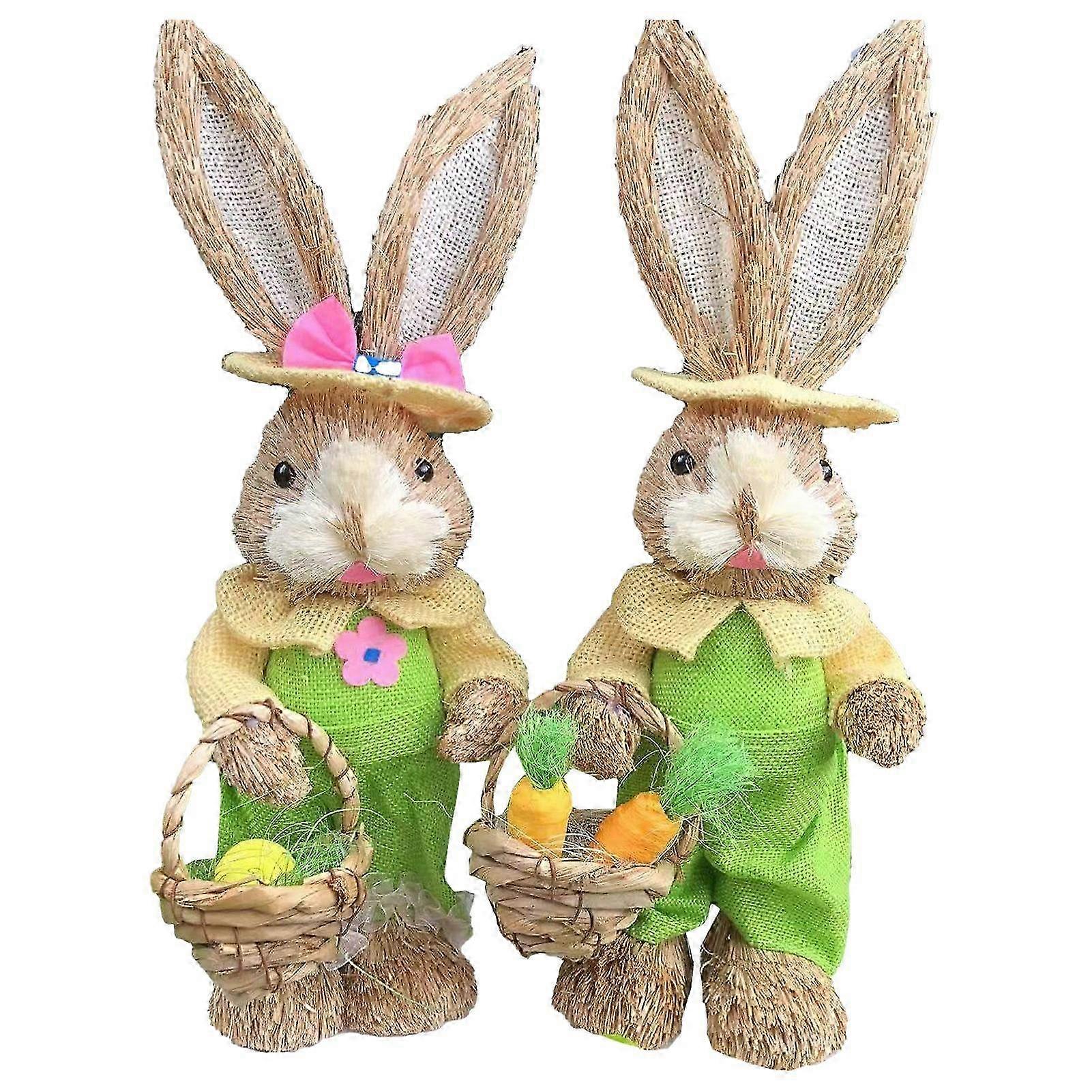 Straw Bunny Couple Cute Vintage Rabbit Ornament Handmade Straw Rabbit Figurine for Home Stage Store Decoration