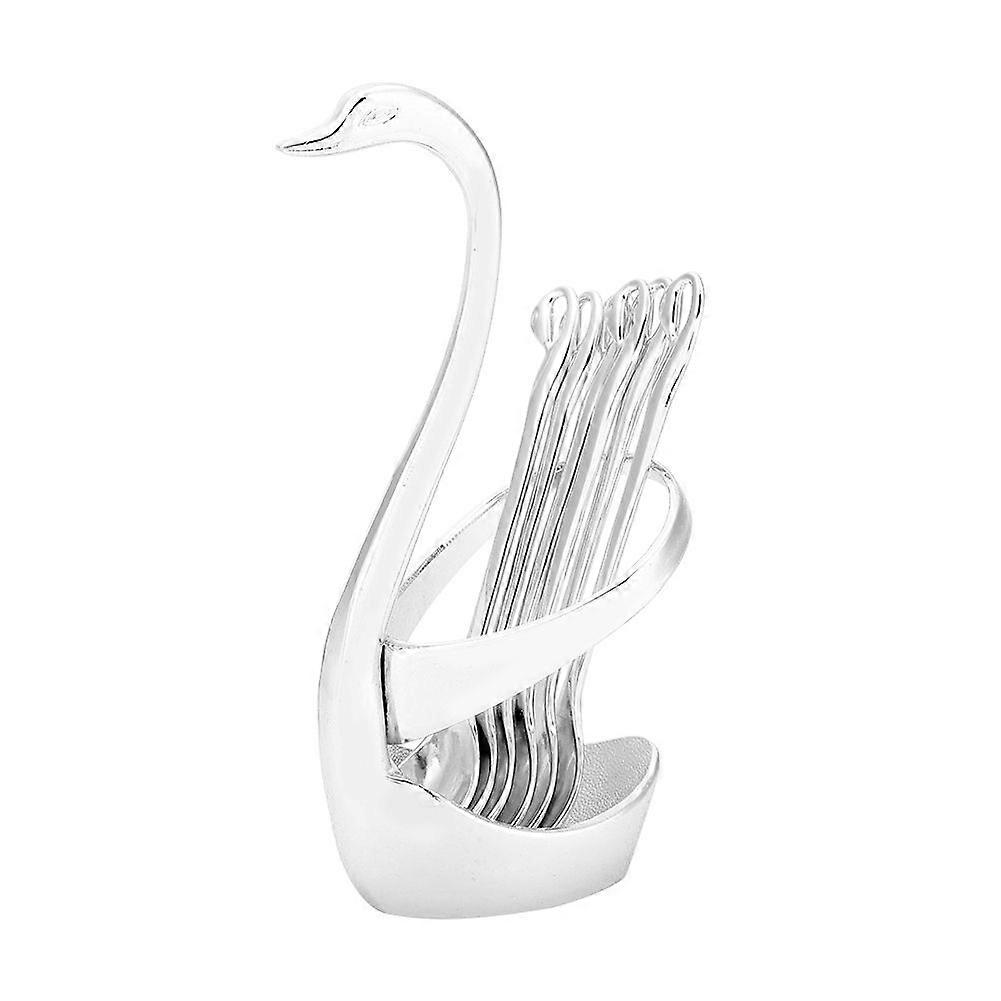 Exquisite Stainless Steel Swan-shaped Fork Spoon Holder with 6 Spoons (Silver Patternless)