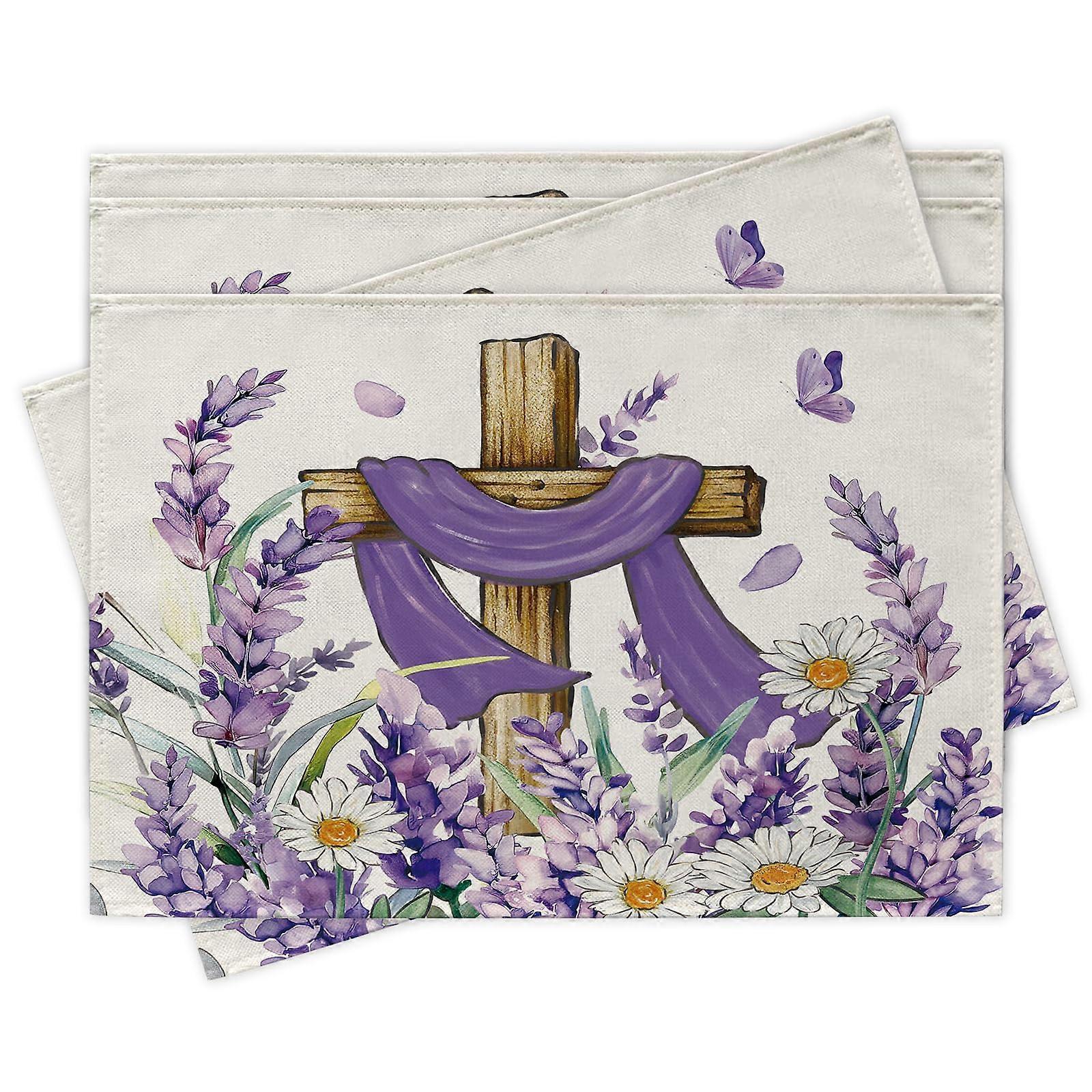 Easter Christian Cross Flower Placemats Set of 4, Lavender Daisy Design, Spring Summer Table Decor, 12 x 18 Inches
