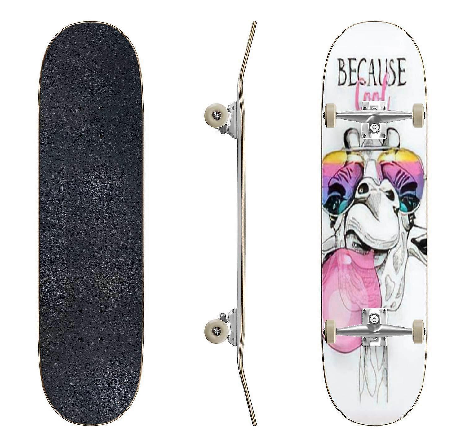 Skateboards Fun Giraffe in a Rainbow Glasses and with a Pink Bubble Gum