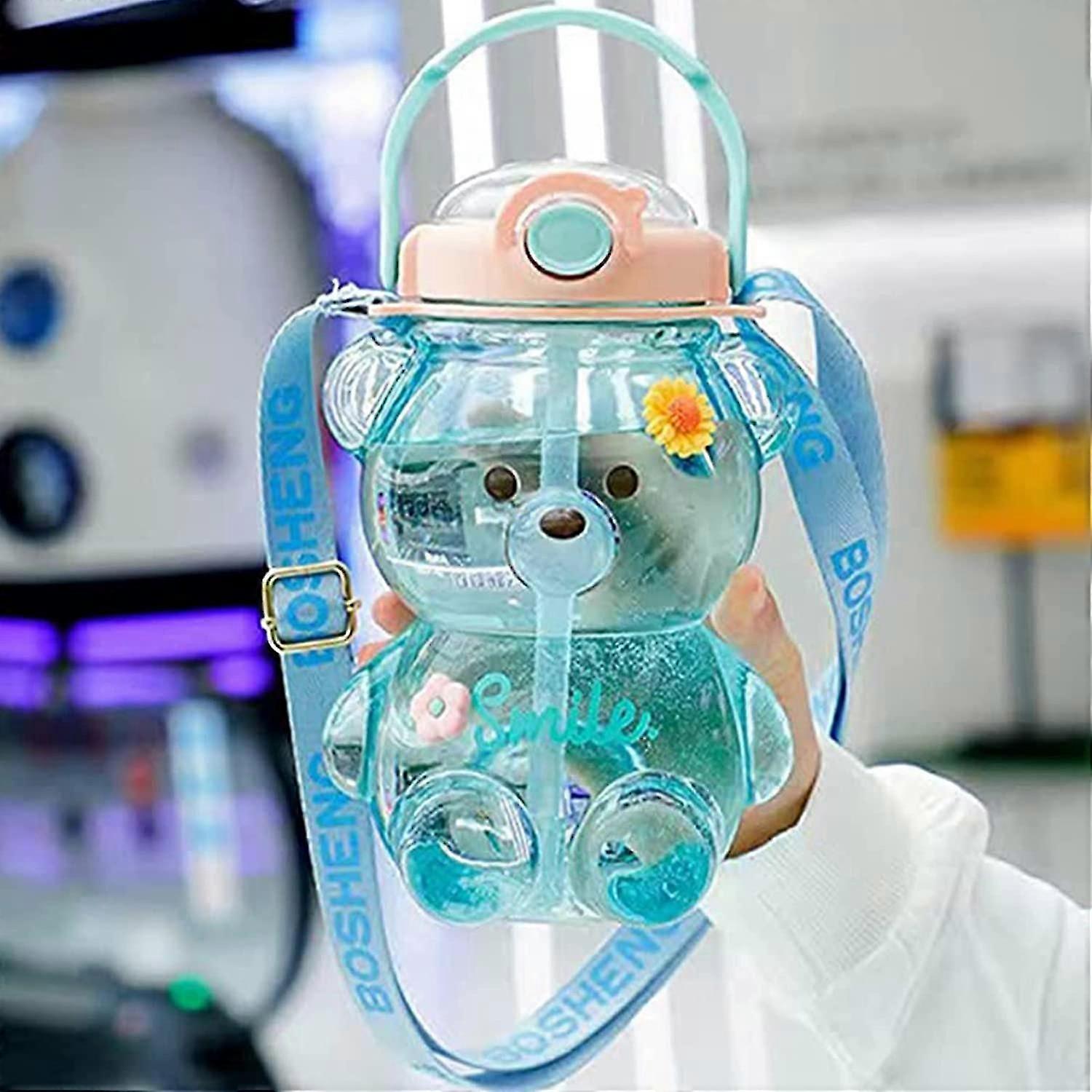 1000mlの大きなクマの形をしたウォーターボトル、ストローとストラップ付き
