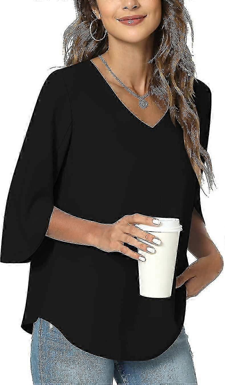2023 قميص كاجوال نسائي صيفي ، بلوزة تونيك فضفاضة برقبة V للطماق ، بلوزة شيفون مقسمة 3/4 أكمام