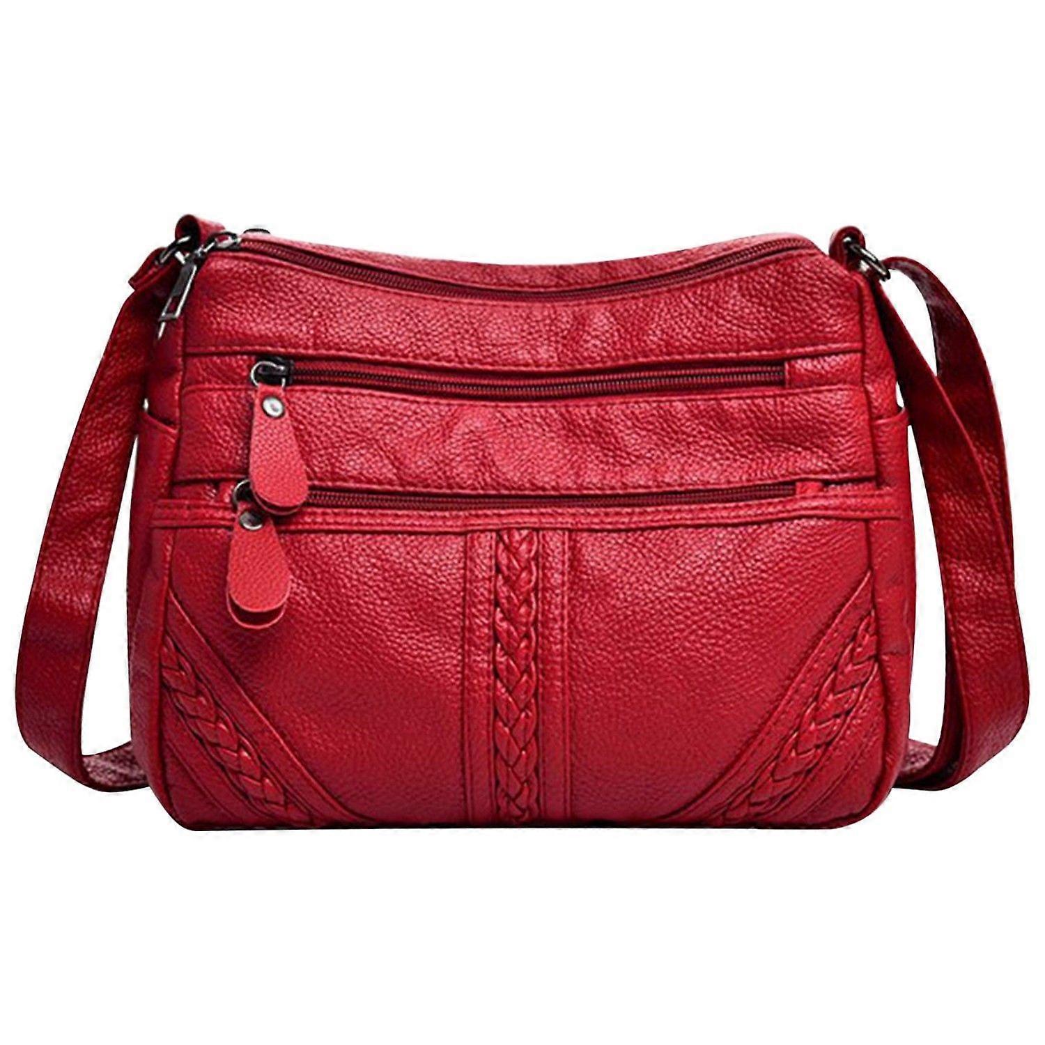 Backpack Red Leather Bag, Multi-Functional Multi-Compartment Messenger Bag, Large-Capacity Soft Leather Bag