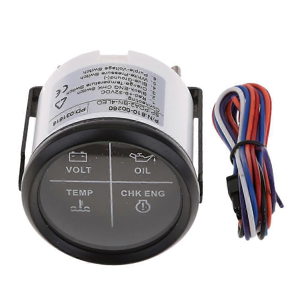 52mm 2" 4 LED Alarm Gauge VOLT OIL TEMP CHK ENG Indicator White Chrome