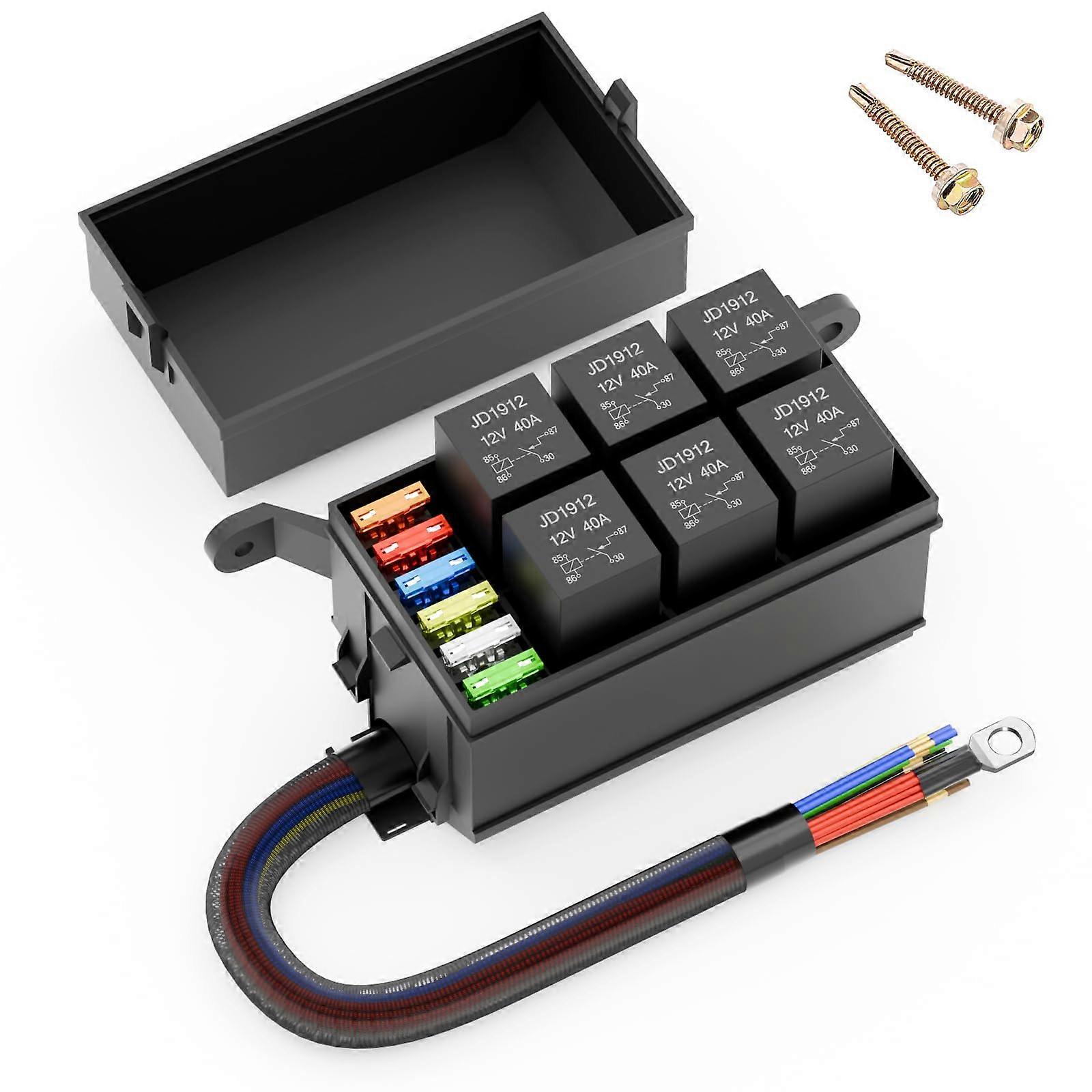 12V Automotive Relay Box 6 Way Relay Fuse Box, with 12 AWG PreWired, Fuse Relay Block Universal Relay Panel (Relay Fuse Box)