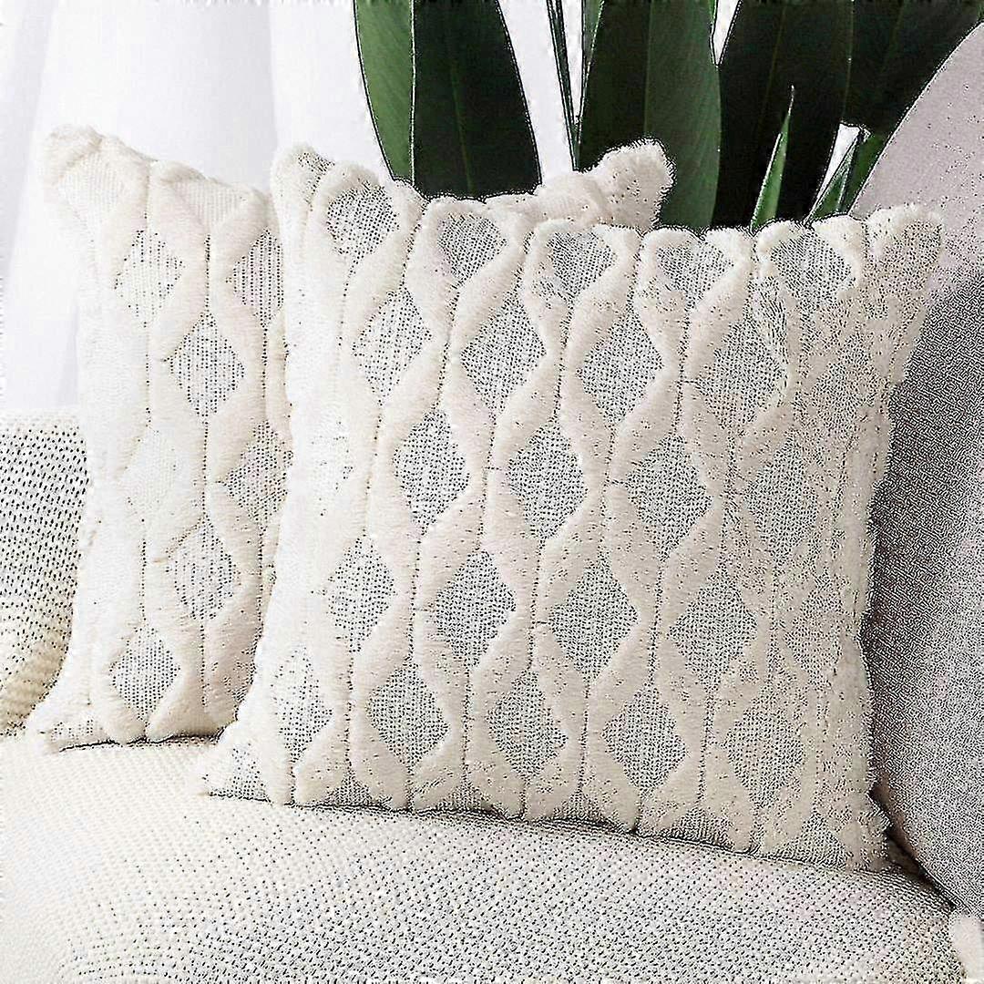 Set of 2 Soft Plush Short Wool Velvet Cushion Covers in Luxury Style for 18x18 Inch Throw Pillows, Beige Color Pillow Shells