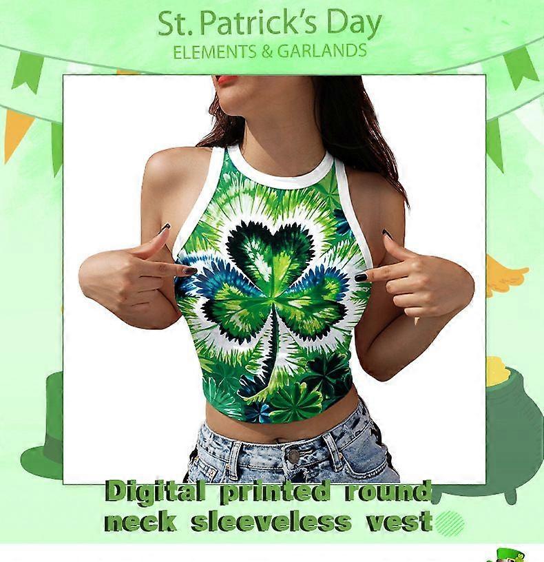 WomenS Shamrock Crop Tank Top Tie-dye clover print vest