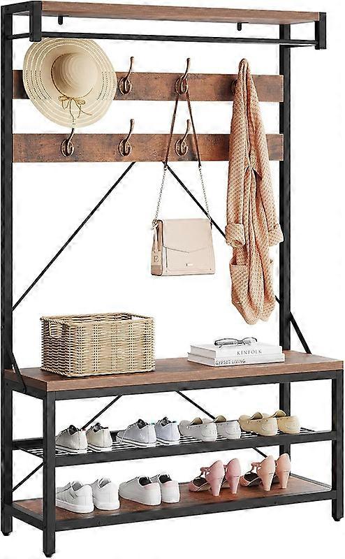 Kapstok met schoenenbank en opbergplank, 8 haken, industriële halboom, opbergplank ophangstang