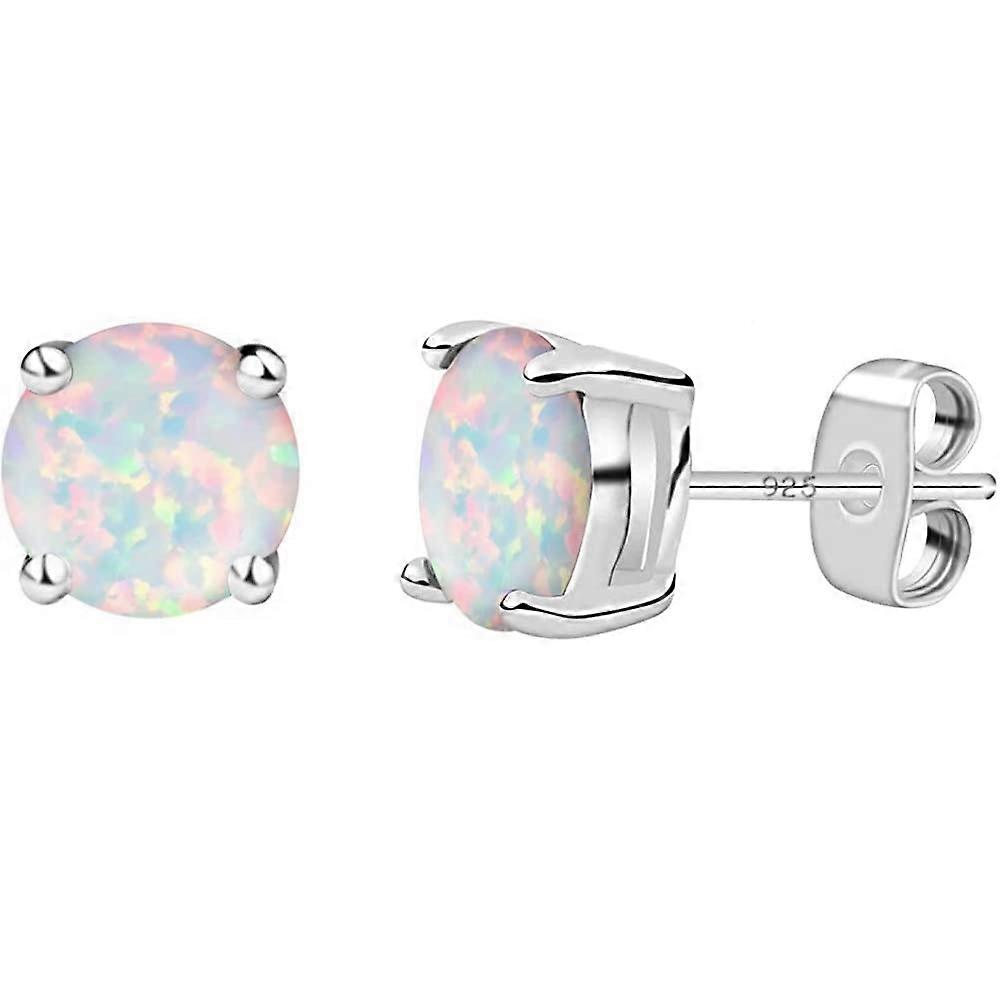 925 Solid Sterling Silver 6MM Round Created Opal Stud Earrings Gift Box Included For Women Ref 5765