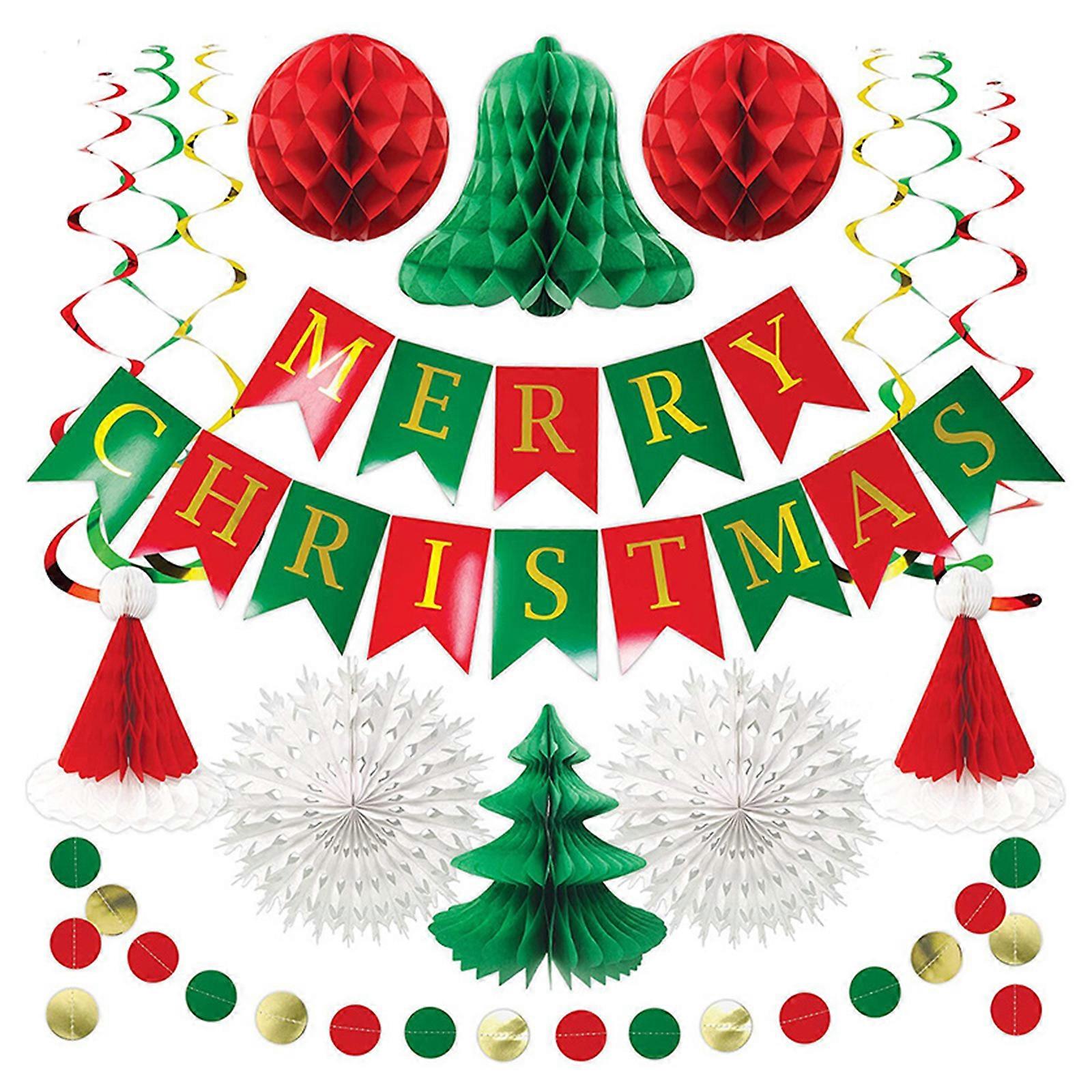 Xmas Tree Honeycomb Backdrop Paper Fan for Banner Set for Christmas Front Door Wall Paper Fan +Banner Set for Party