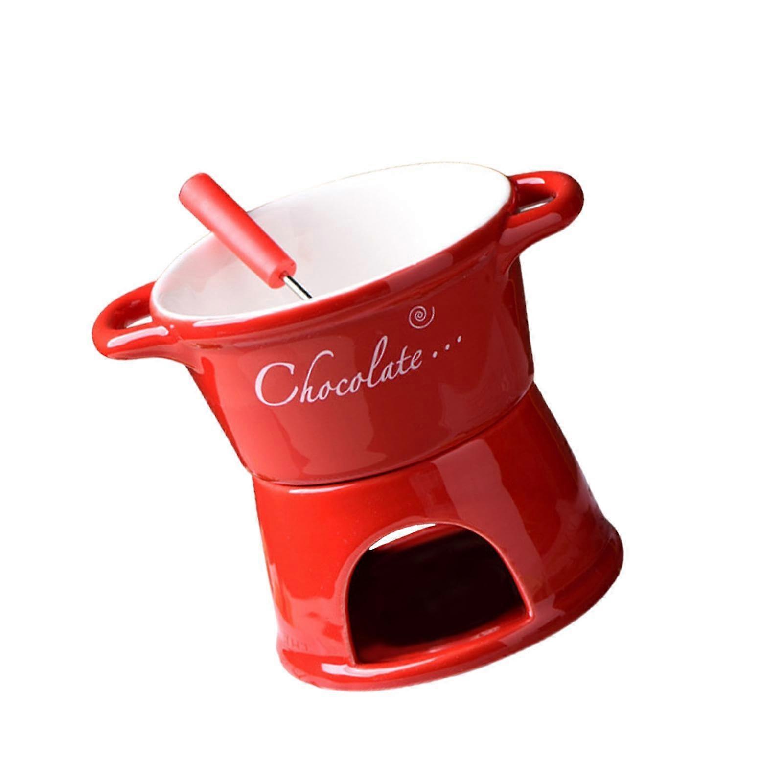 Fondue Pot for Chocolate, Tea Light, Porcelain Melting Pot with Fork for Cheese and Dessert, Red