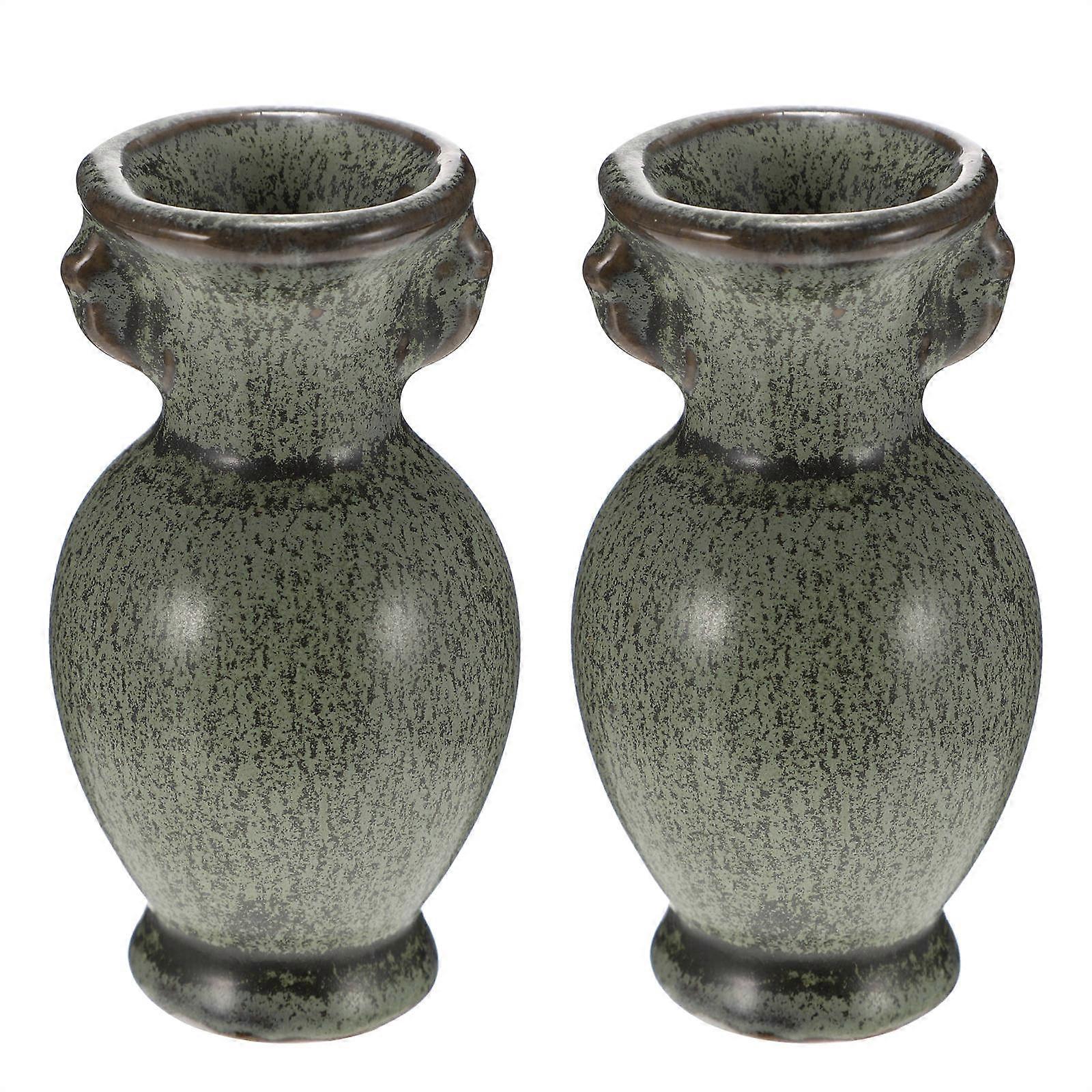 Miniature Ceramics Vase for Decoration Unique Desktop Vase Set of 2 in Green Color