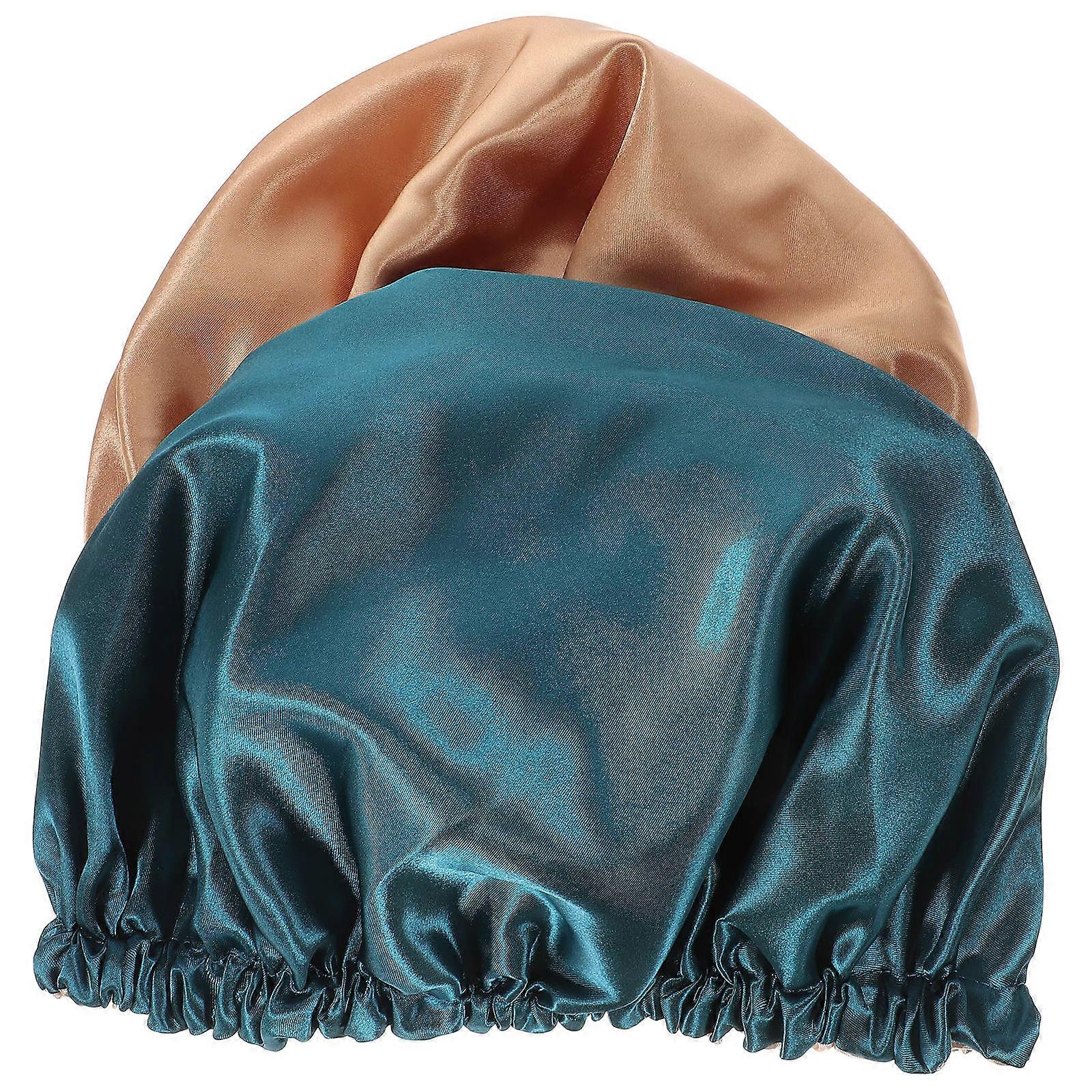 Satin Sleeping Turban Night Hair Cap 2Pcs Peacock Blue