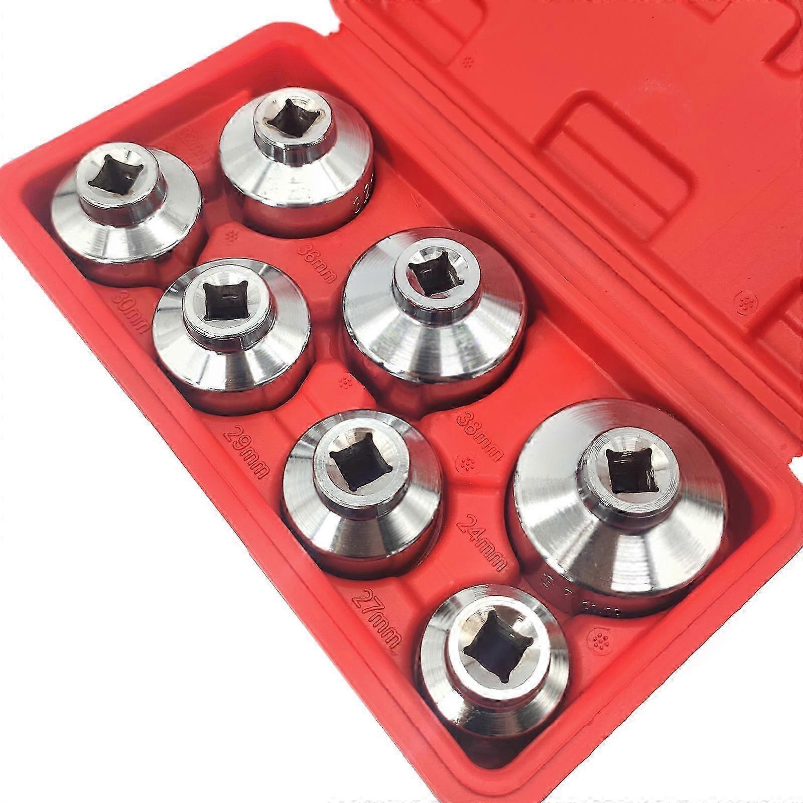 7 PCS Oil Filter Socket Remover Tool Set for Vehicles Compatible with Various Filters Wrench Hand Tool with Box 24mm 27mm 29mm 30mm 32mm 36m