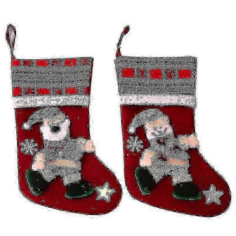 Weihnachtsstrümpfe, 2er Set Weihnachtsgeschenktüte Dekoration mit Bär, Schneemann und Weihnachtsmann Ornamenten