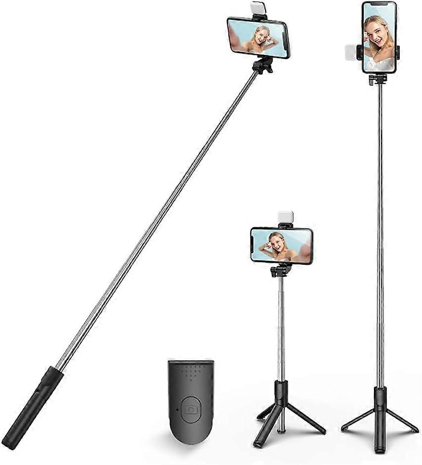 Selfie Stick Tripod with Light, Retractable 360° Rotation with Detachable Wireless Remote Control, Portable 3-in-1 Phone Holder (Black + Light)(AAA)