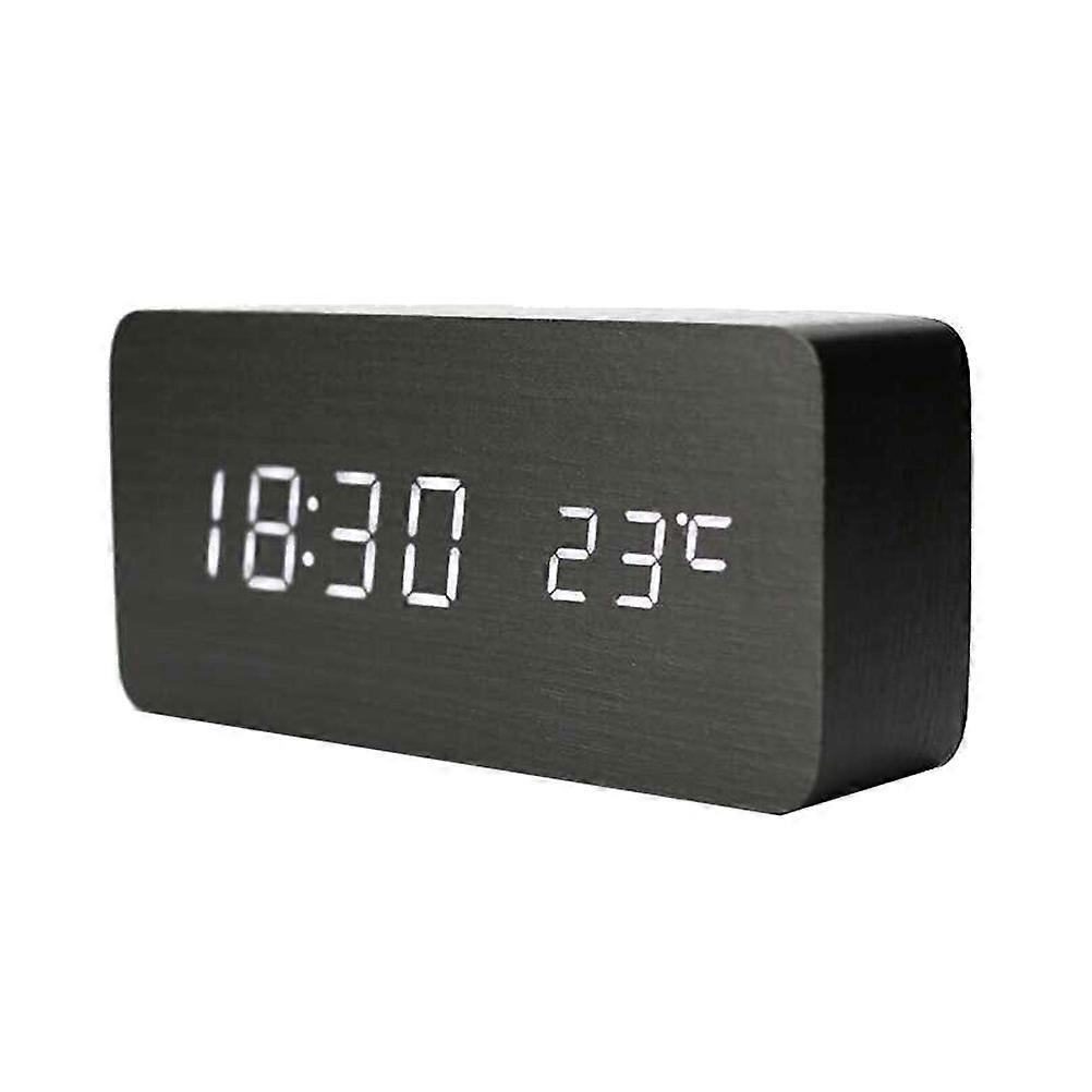 Multi-Function Alarm Clock LED Voice Control Wooden Clock with Black Finish