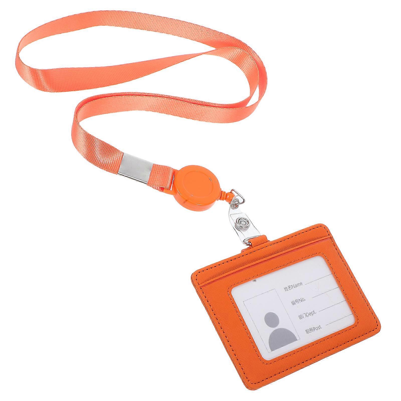 Retractable Clip Pu Id Badge Holder With Lanyard For Exhibitions And Trade Shows Orange Color 1Pcs
