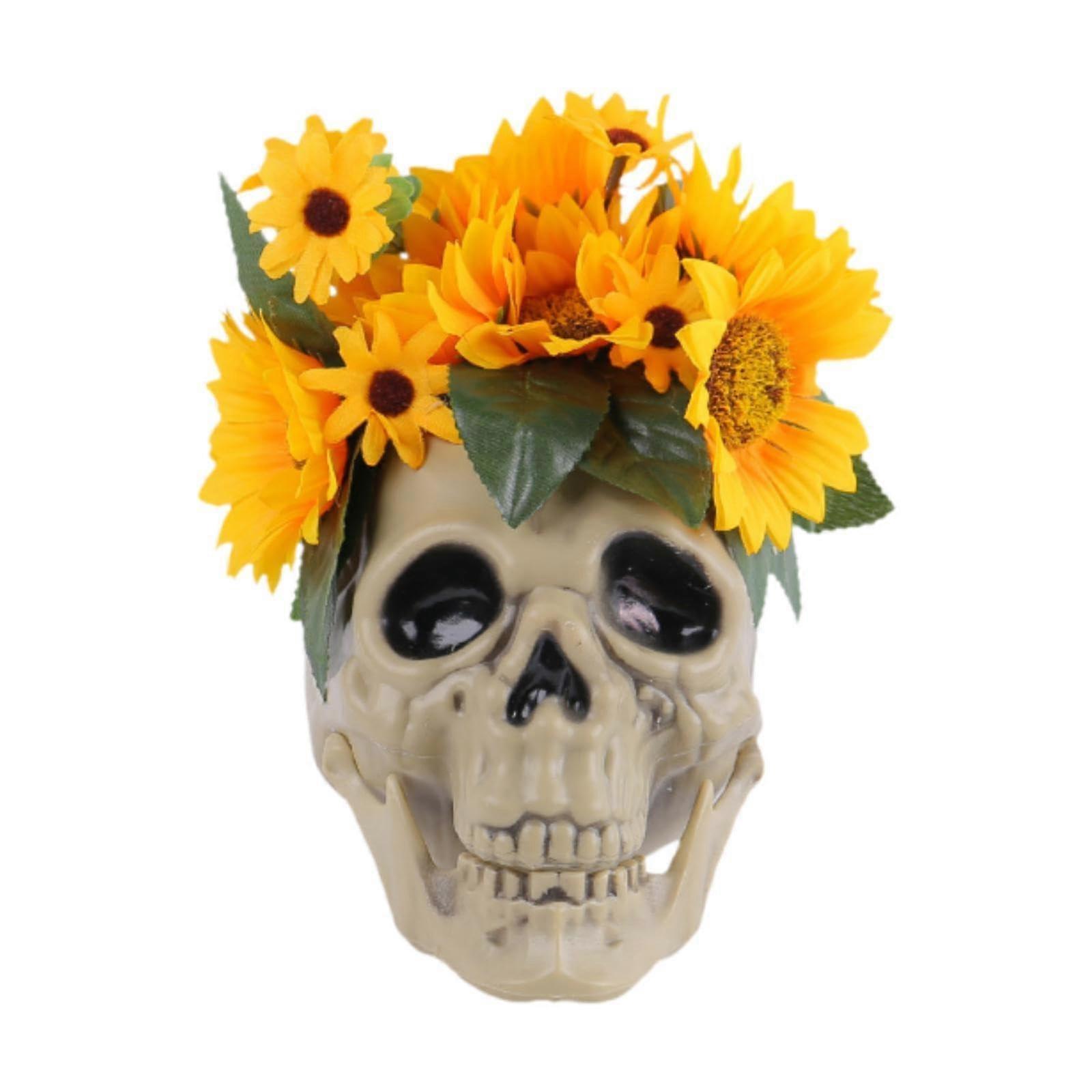 Halloween Simulation Skull Statue, Ghost Head Ornament, Artificial Skull Prop, Tabletop Horror Display, Sunflower Accent
