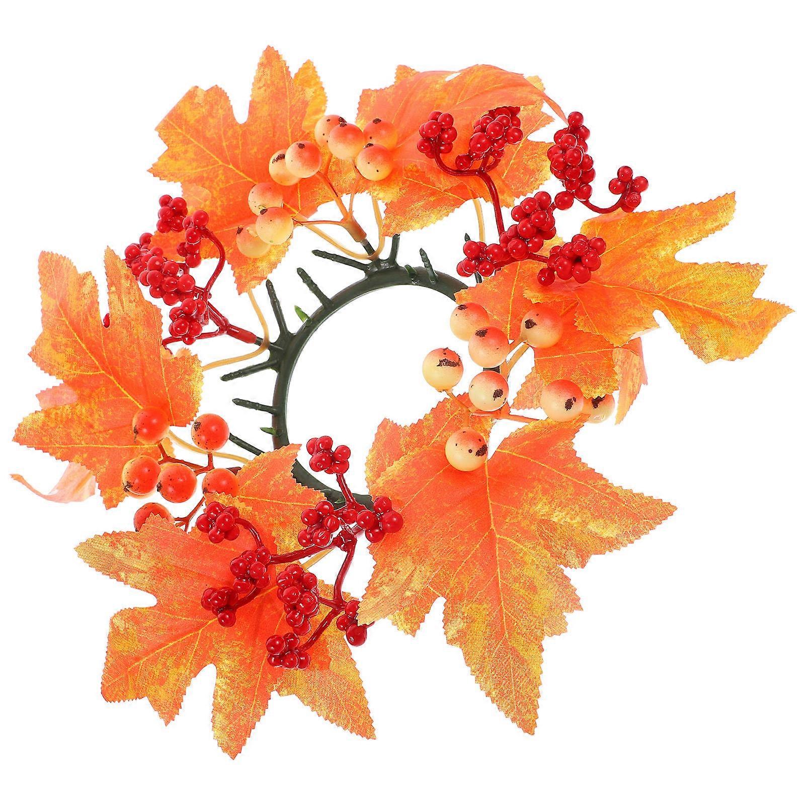 Orange PVC Candle Ring Wreath for Cup Decor with Artificial Leaves Multipurpose Thanksgiving Table Centerpiece 6.3 Inches
