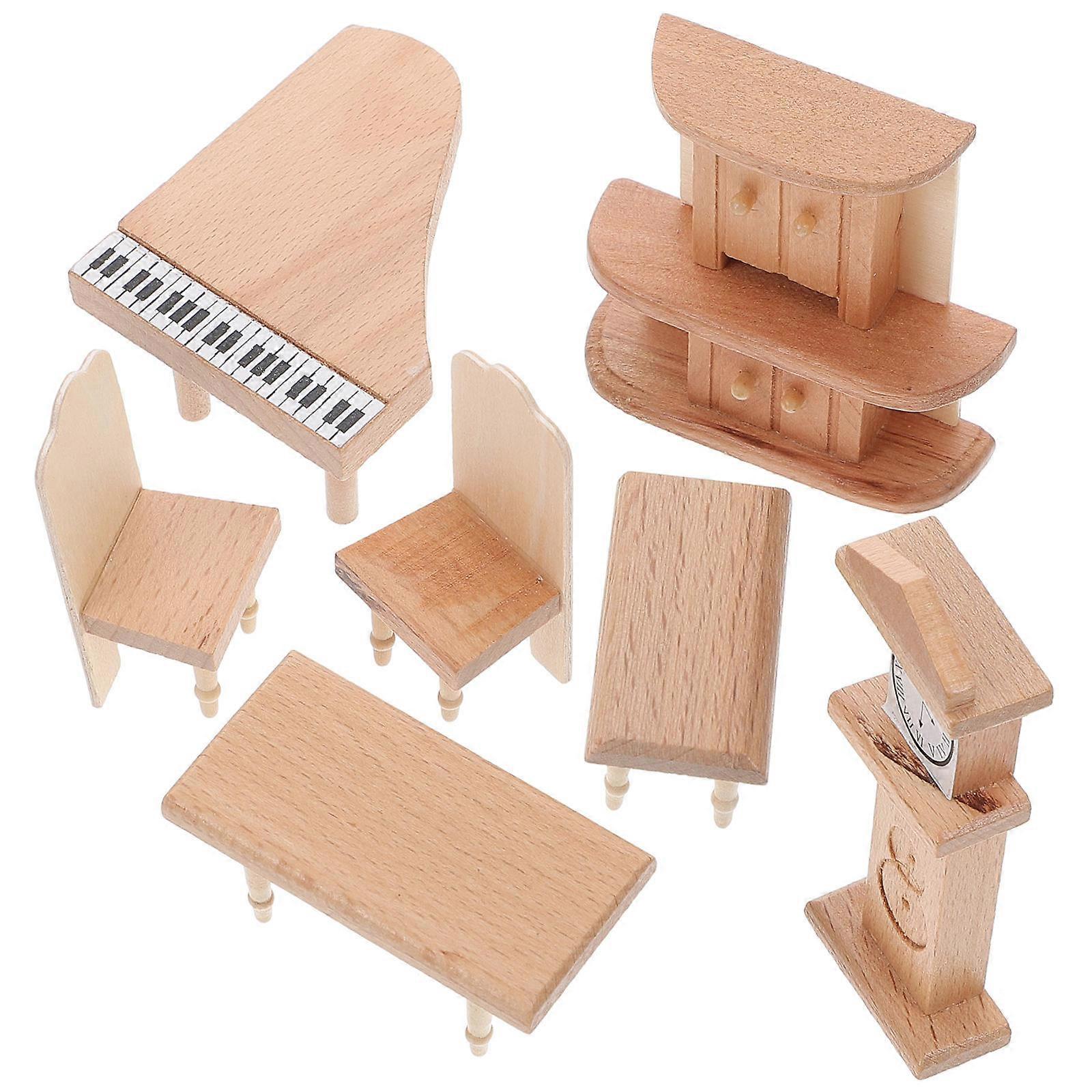 Durable Wooden Doll House Furniture Set with 1 Mini Piano Clock Bookcase Toys for Decoration and
