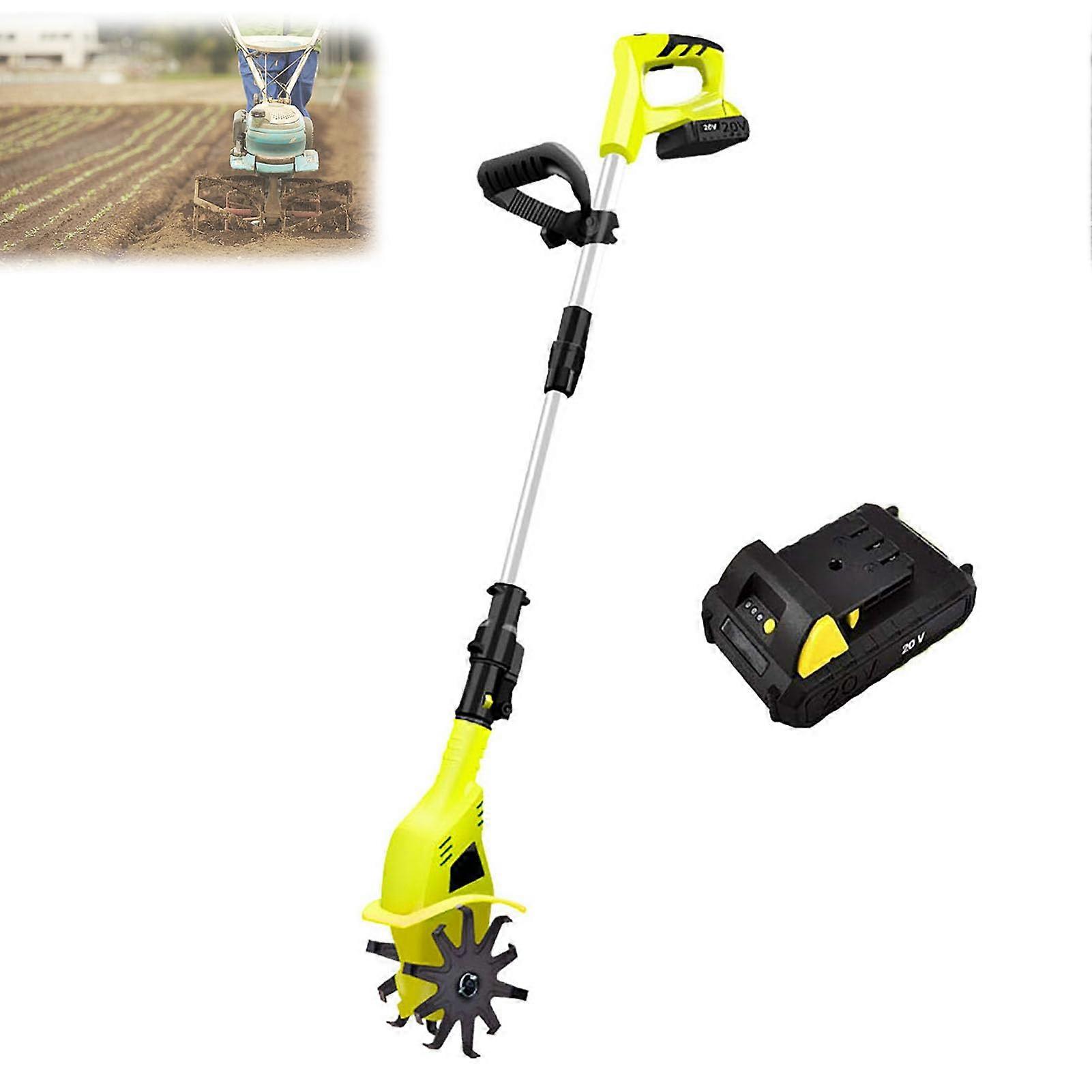 Cordless Electric Garden Brush, Cultivator, 20 cm Depth, Lithium Battery, Adjustable Handle